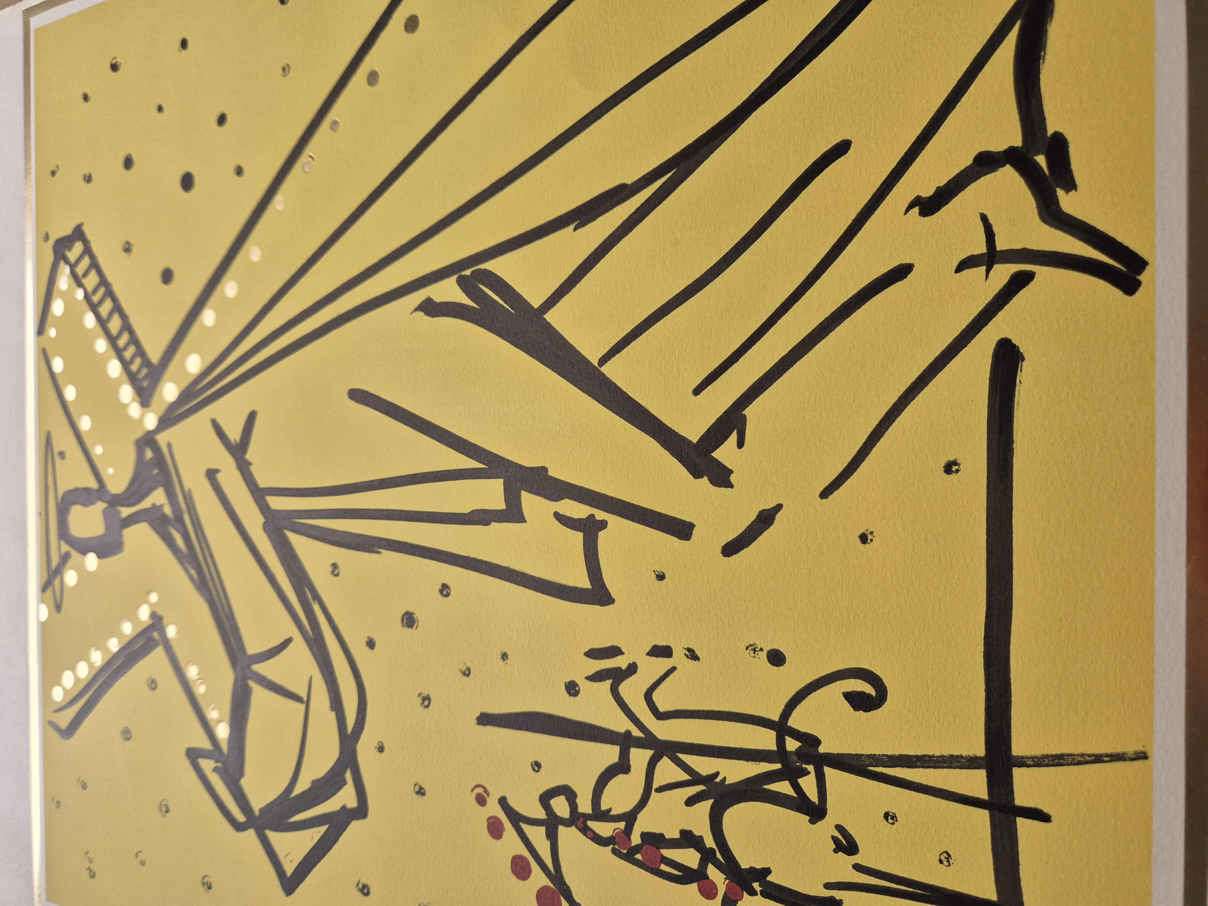 A painting of a man playing a guitar on a yellow background.