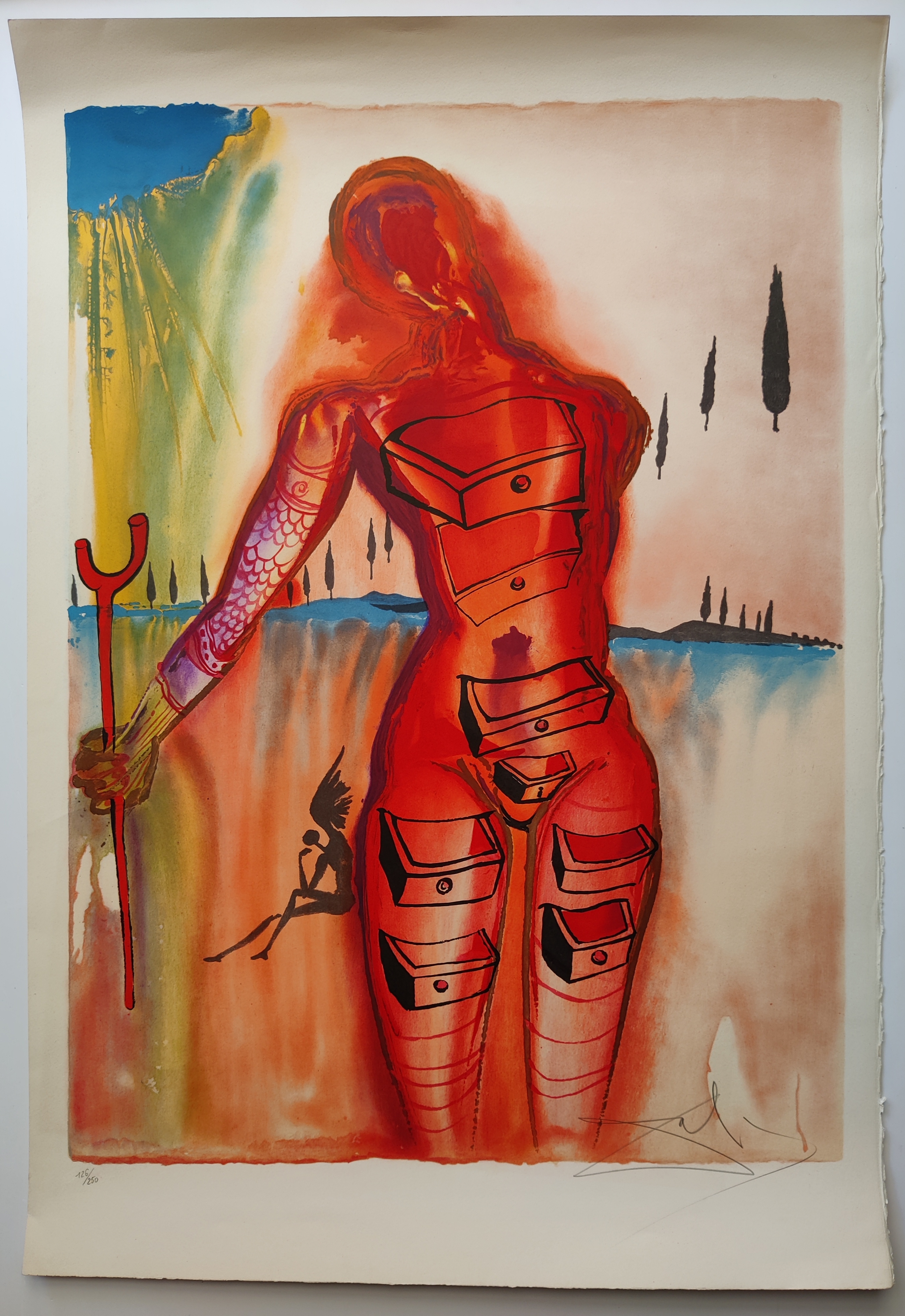A painting of a woman holding a trident in her hand.