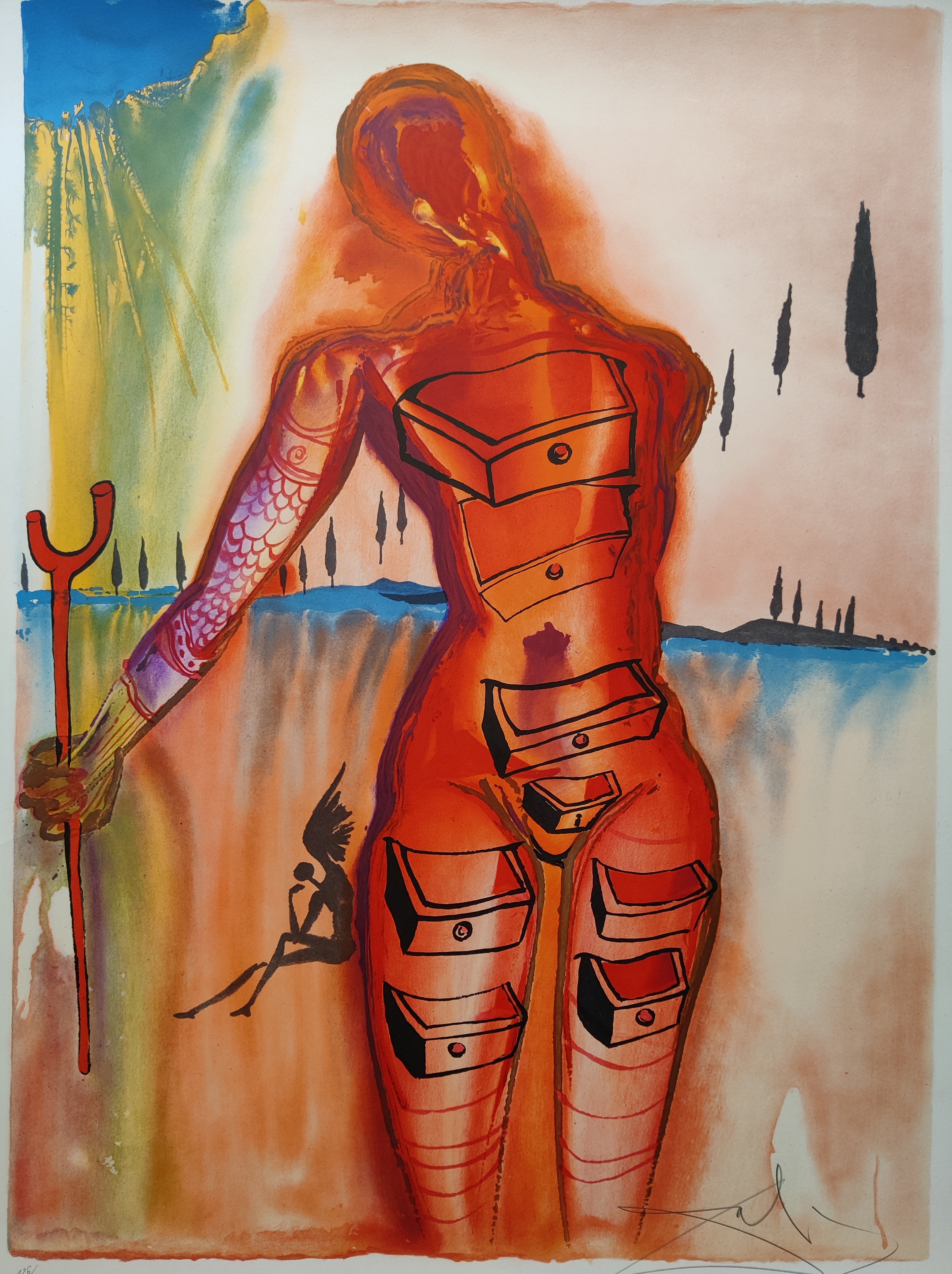 A painting of a woman holding a trident in her hand.