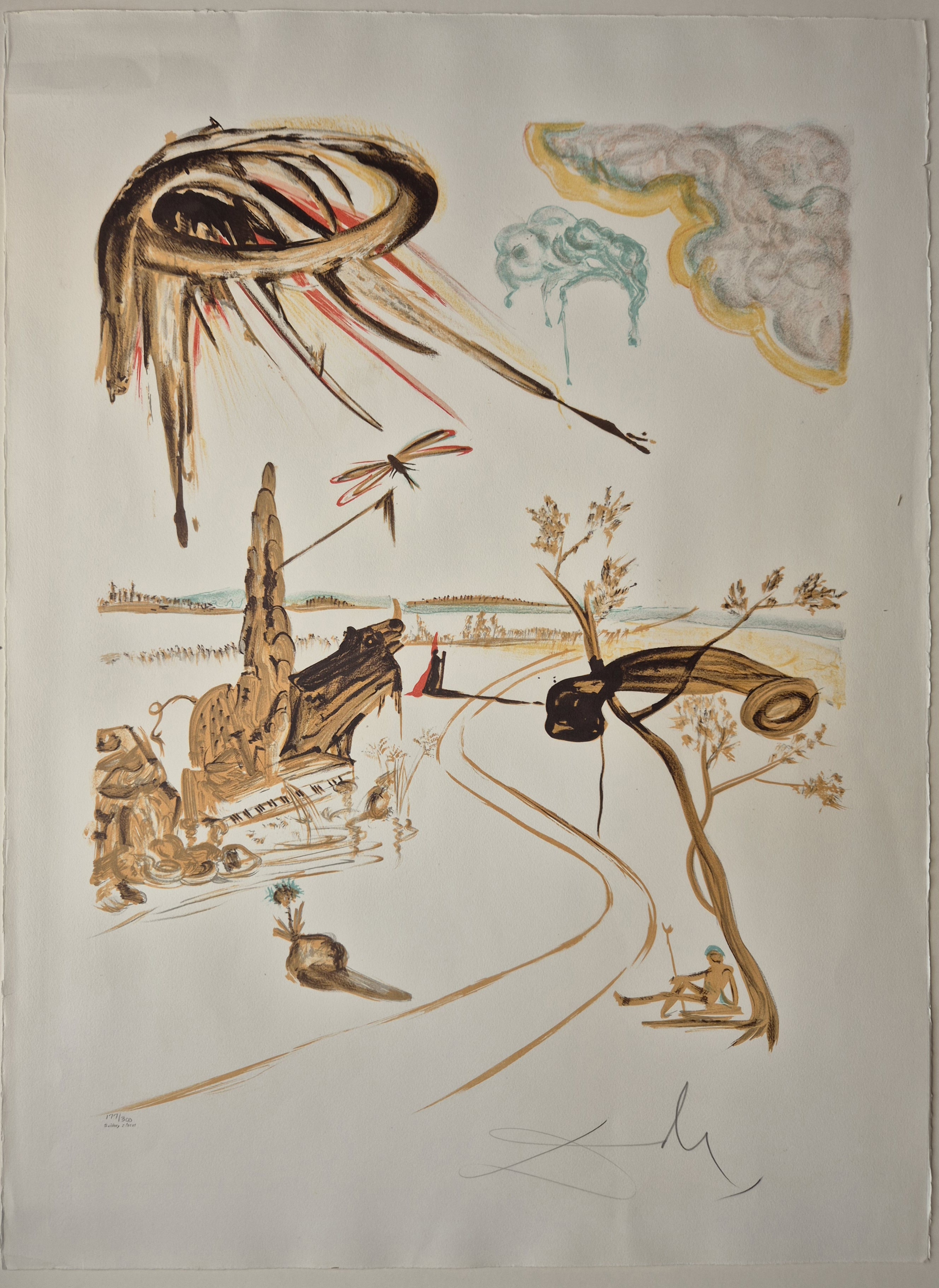 A drawing of a landscape with a dragonfly flying over it.