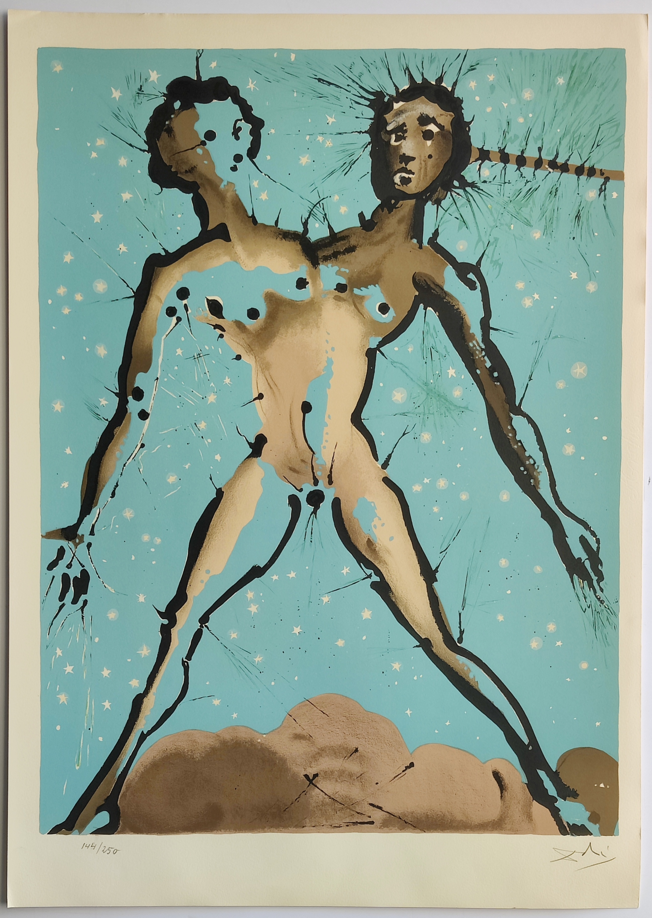 A surreal print of two nude figures emerging from a mound against a starry blue background.