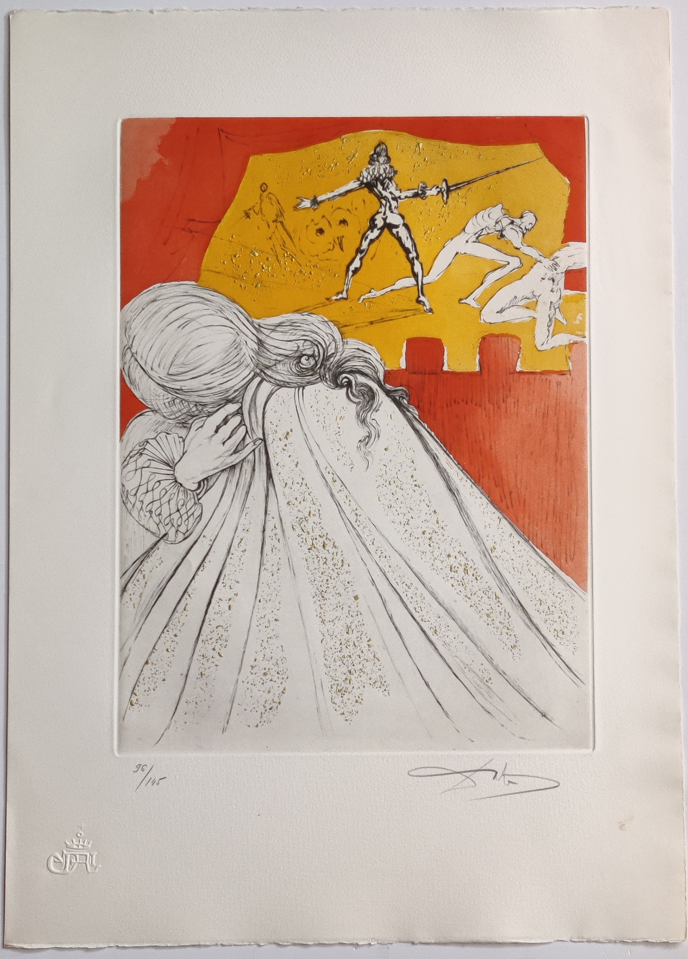 A collage of nine distinct prints featuring surreal figures, abstract landscapes, and symbolic imagery.