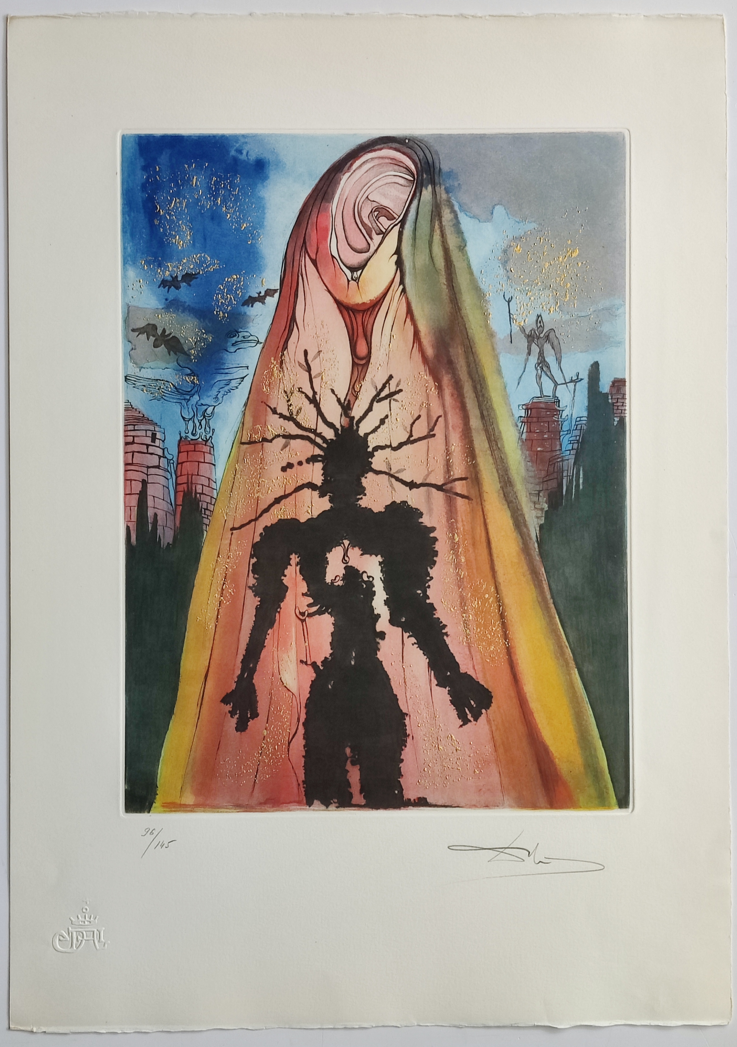 A collage of nine distinct prints featuring surreal figures, abstract landscapes, and symbolic imagery.