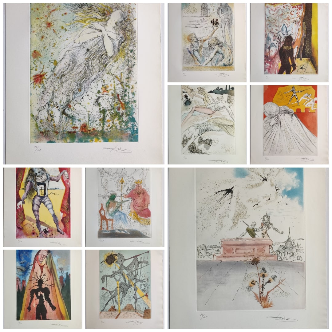 A collage of nine distinct prints featuring surreal figures, abstract landscapes, and symbolic imagery.