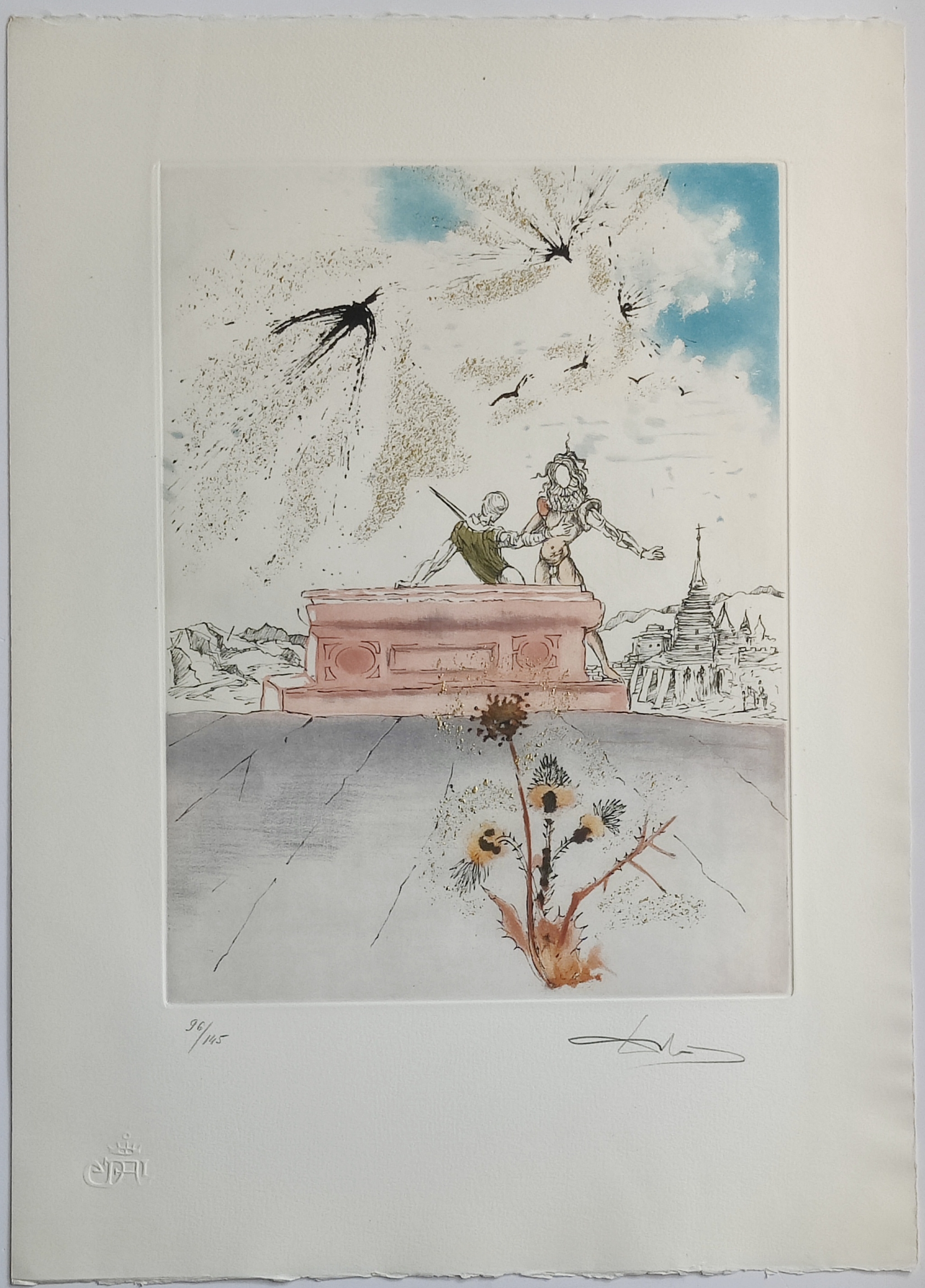 A collage of nine distinct prints featuring surreal figures, abstract landscapes, and symbolic imagery.