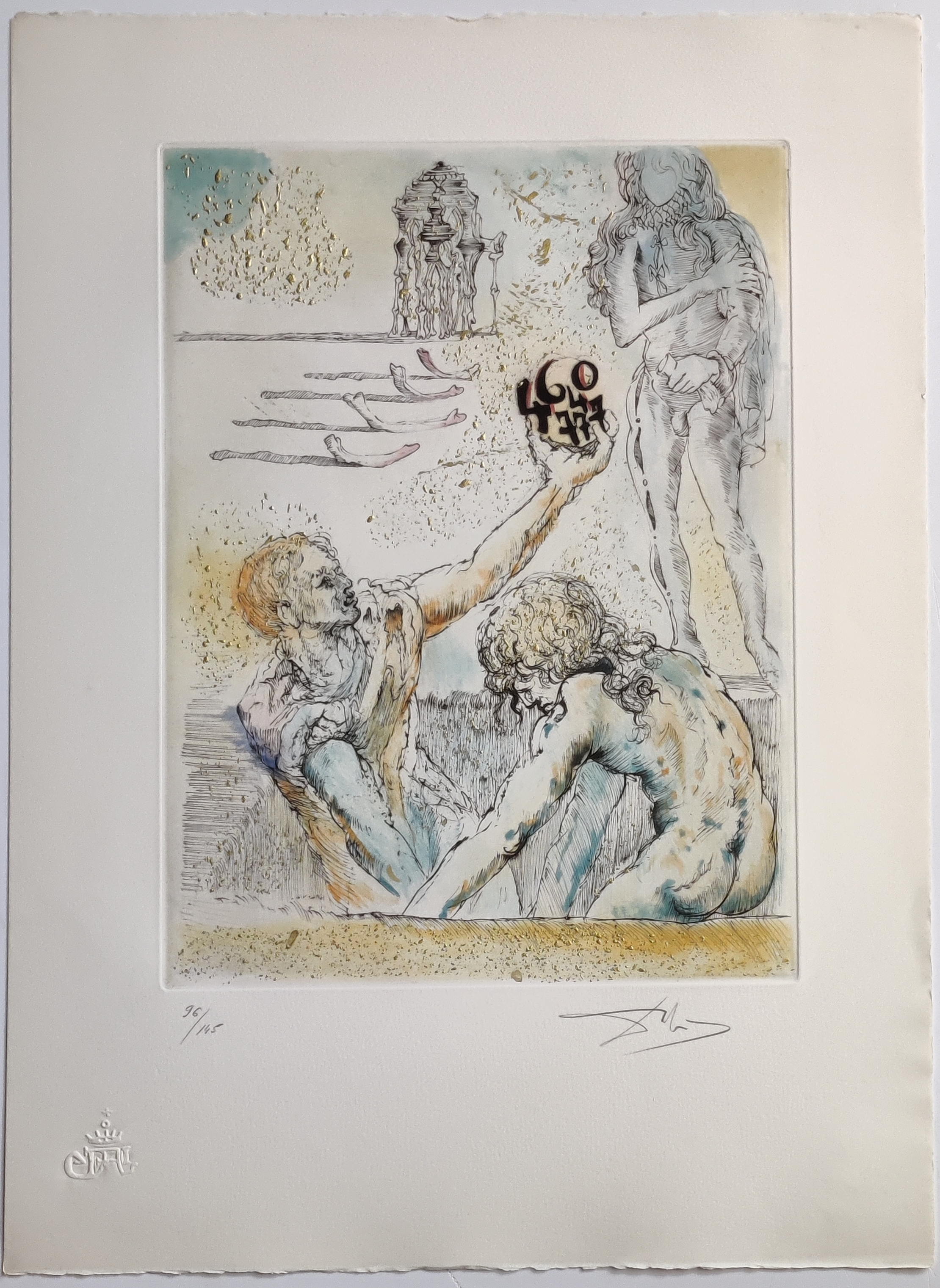 A collage of nine distinct prints featuring surreal figures, abstract landscapes, and symbolic imagery.
