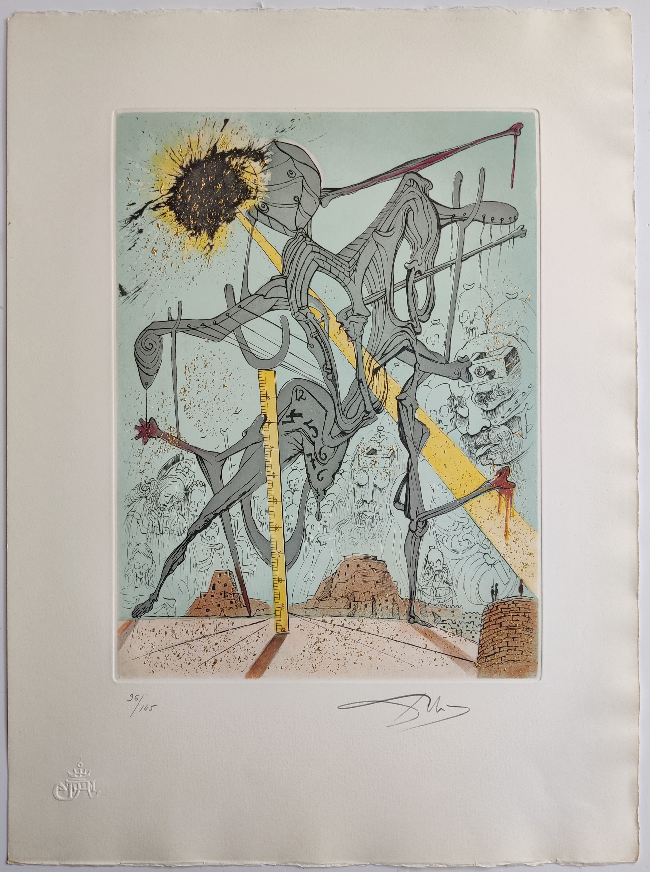 A collage of nine distinct prints featuring surreal figures, abstract landscapes, and symbolic imagery.