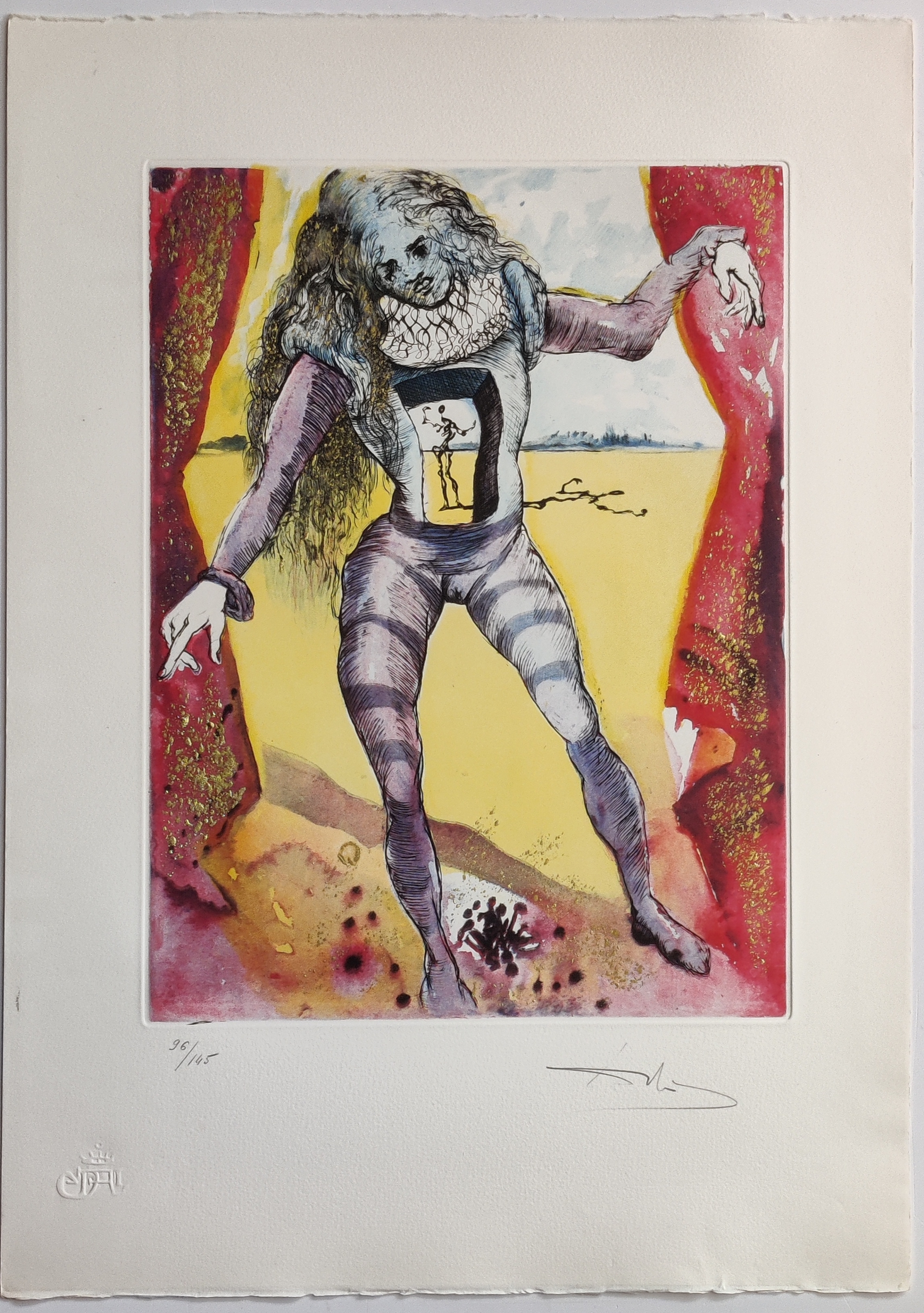 A collage of nine distinct prints featuring surreal figures, abstract landscapes, and symbolic imagery.