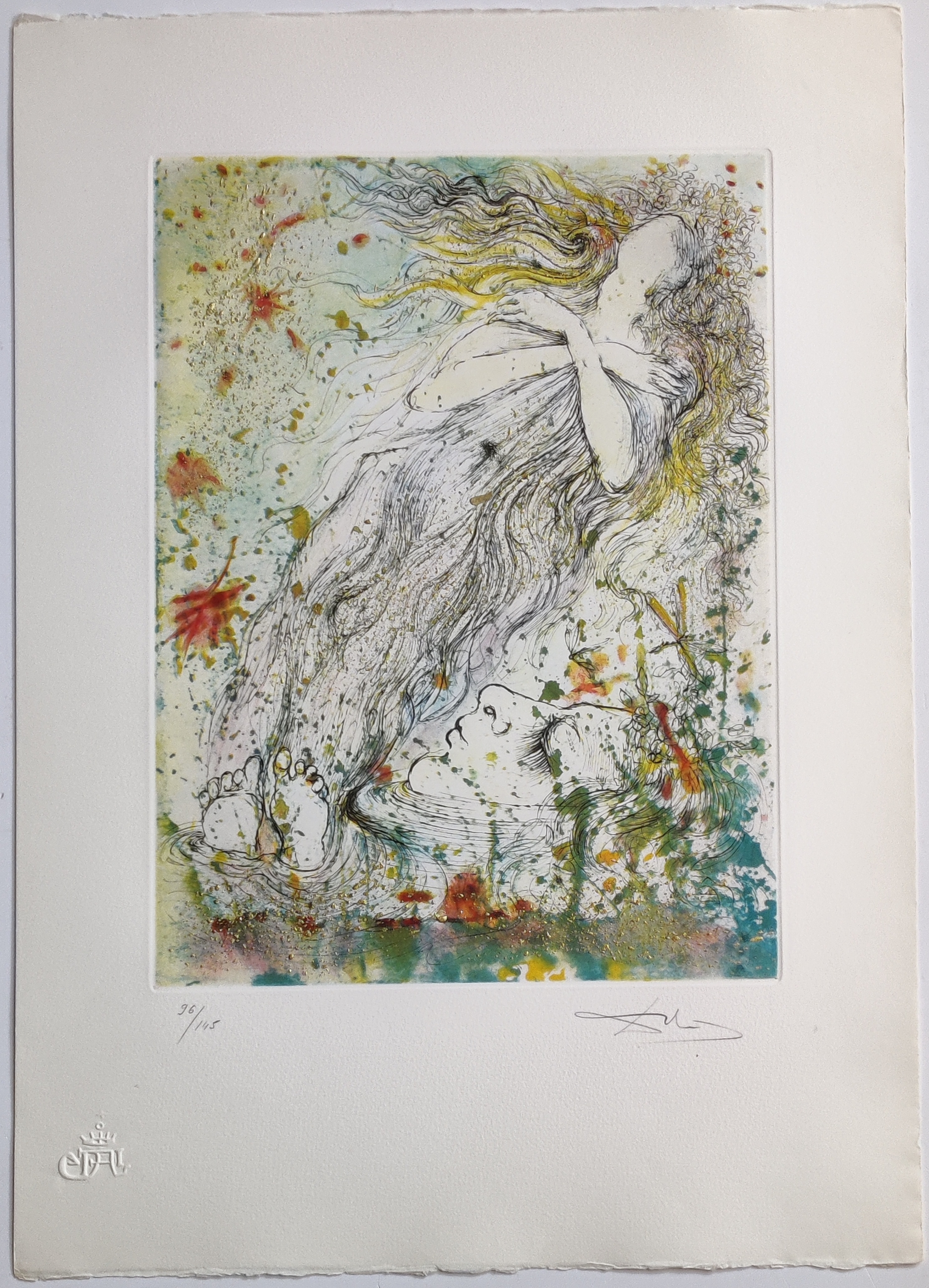 A collage of nine distinct prints featuring surreal figures, abstract landscapes, and symbolic imagery.