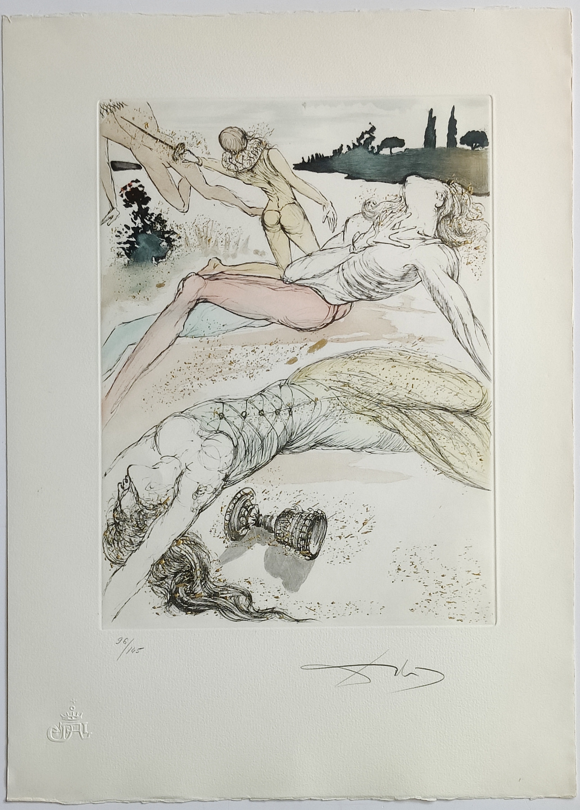 A collage of nine distinct prints featuring surreal figures, abstract landscapes, and symbolic imagery.