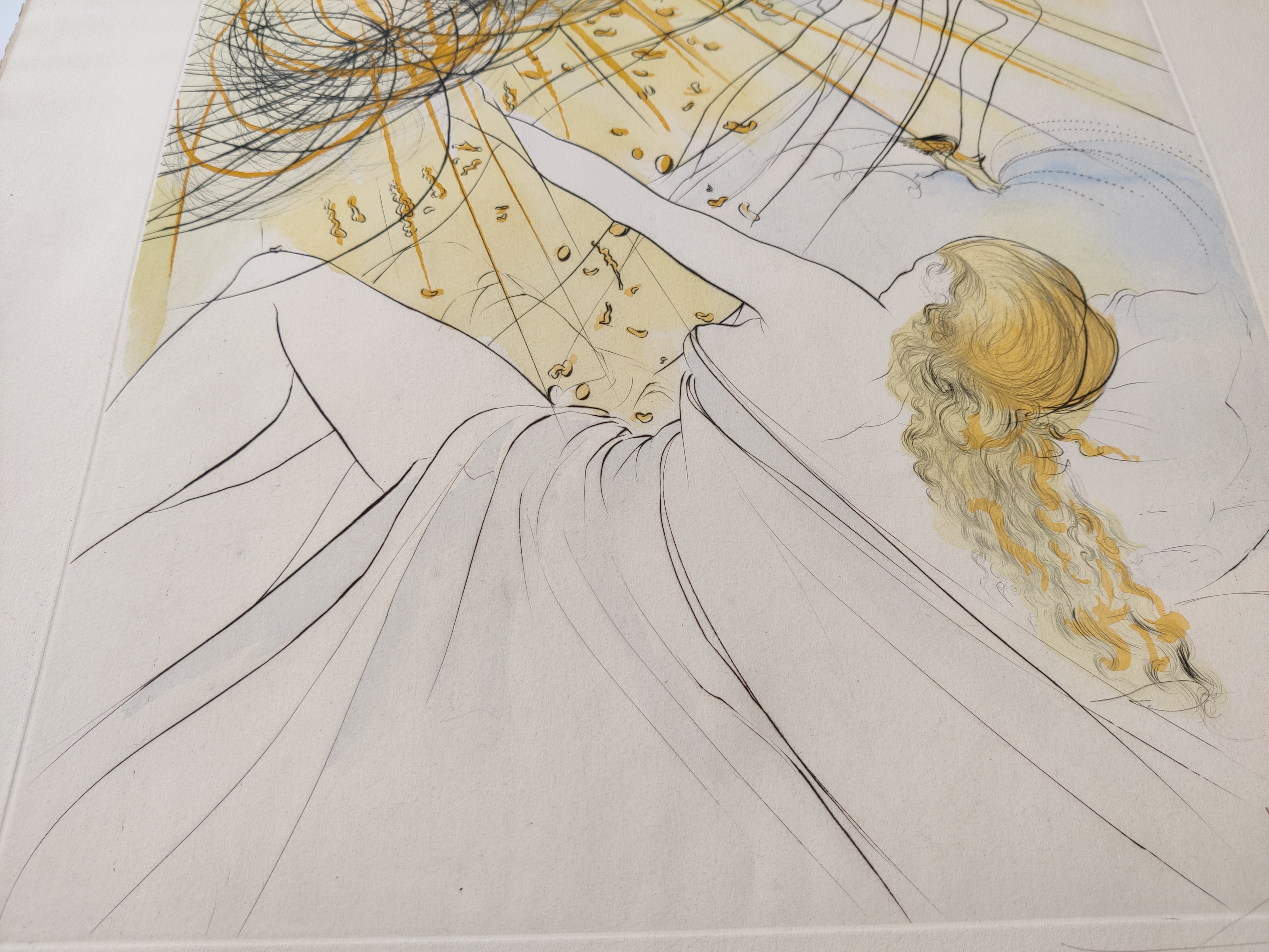 A drawing of a woman in a white dress and a man in a black hat.