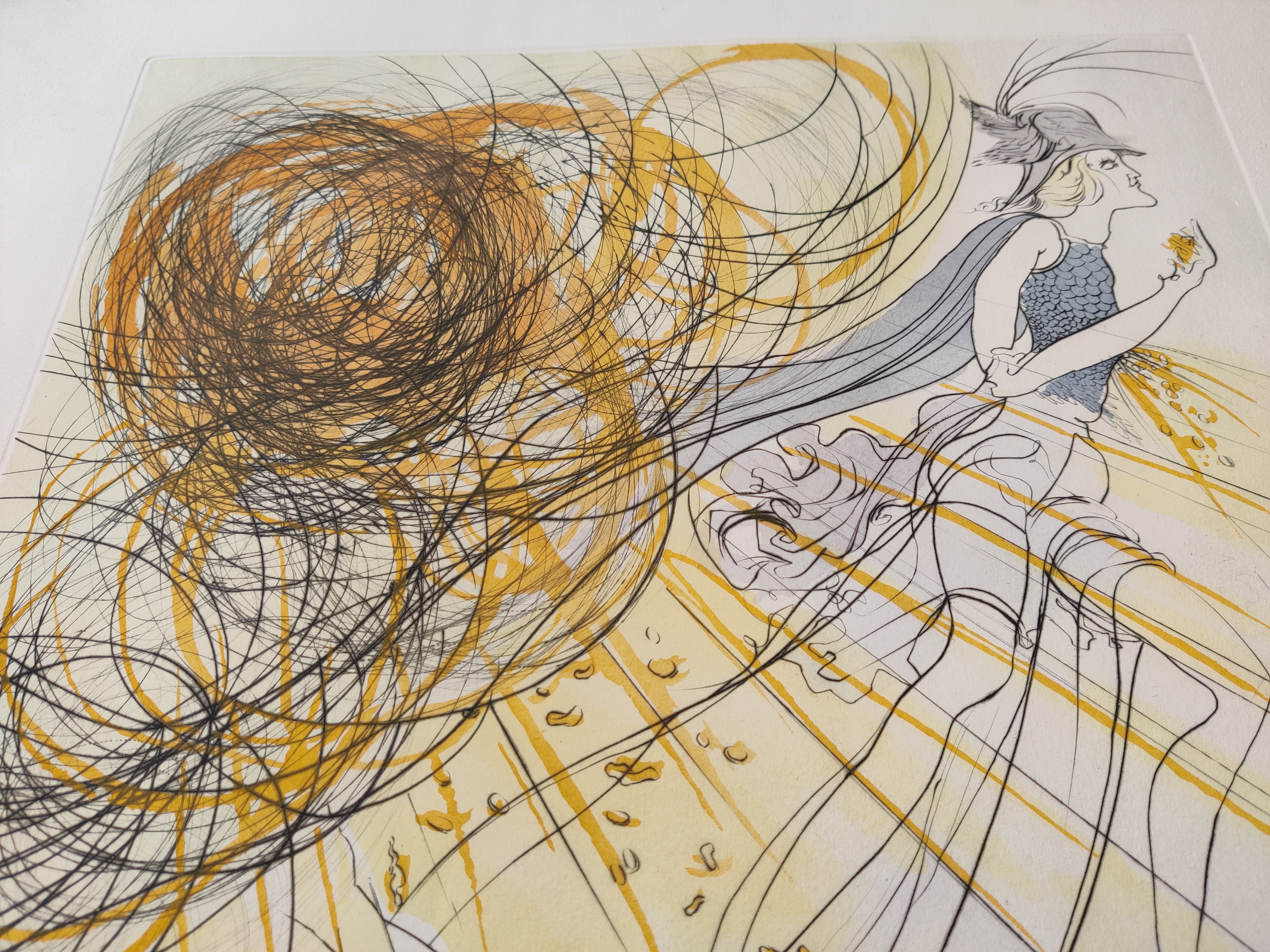 A drawing of a woman in a white dress and a man in a black hat.