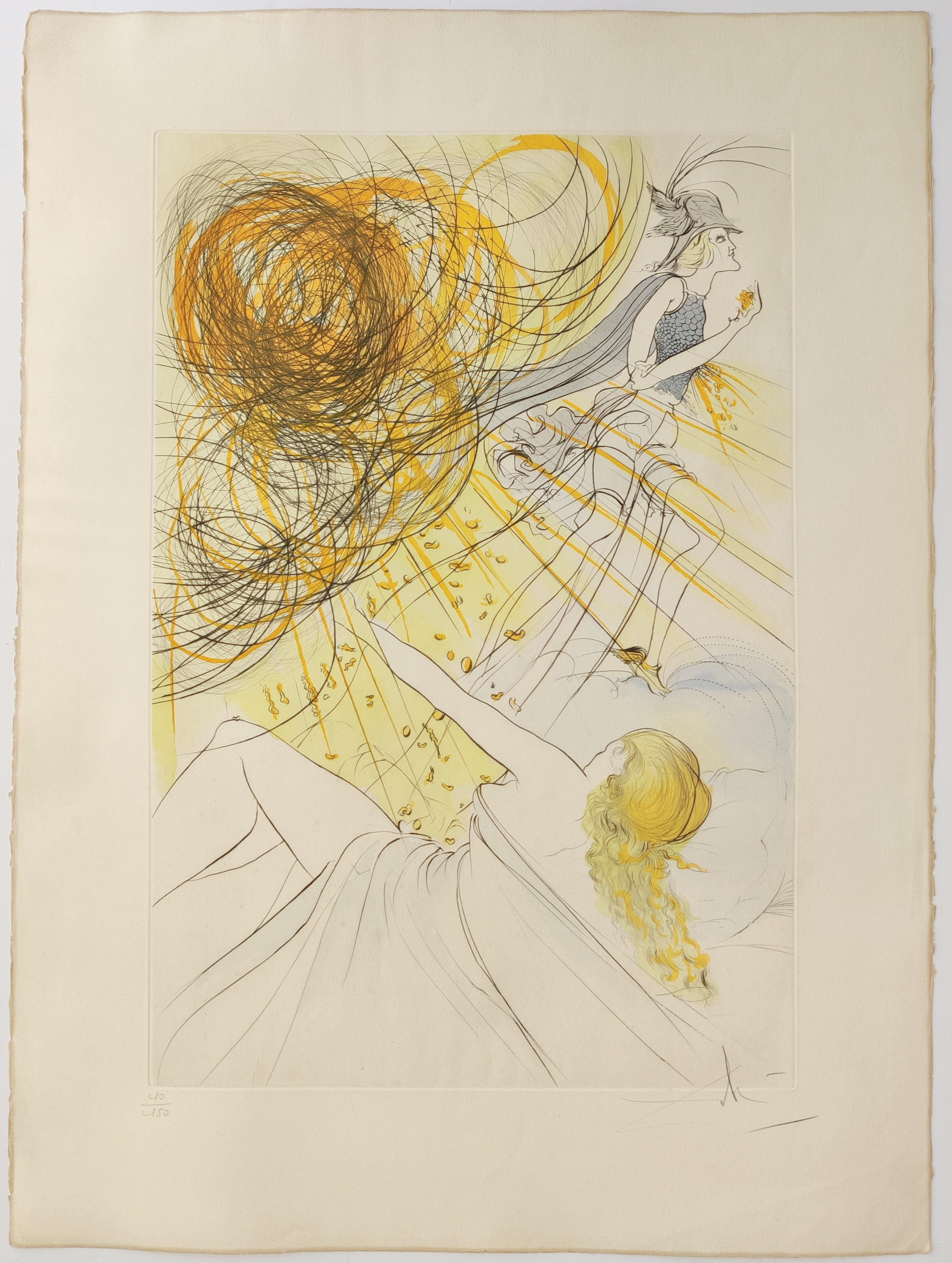 A drawing of a woman in a white dress and a man in a black hat.