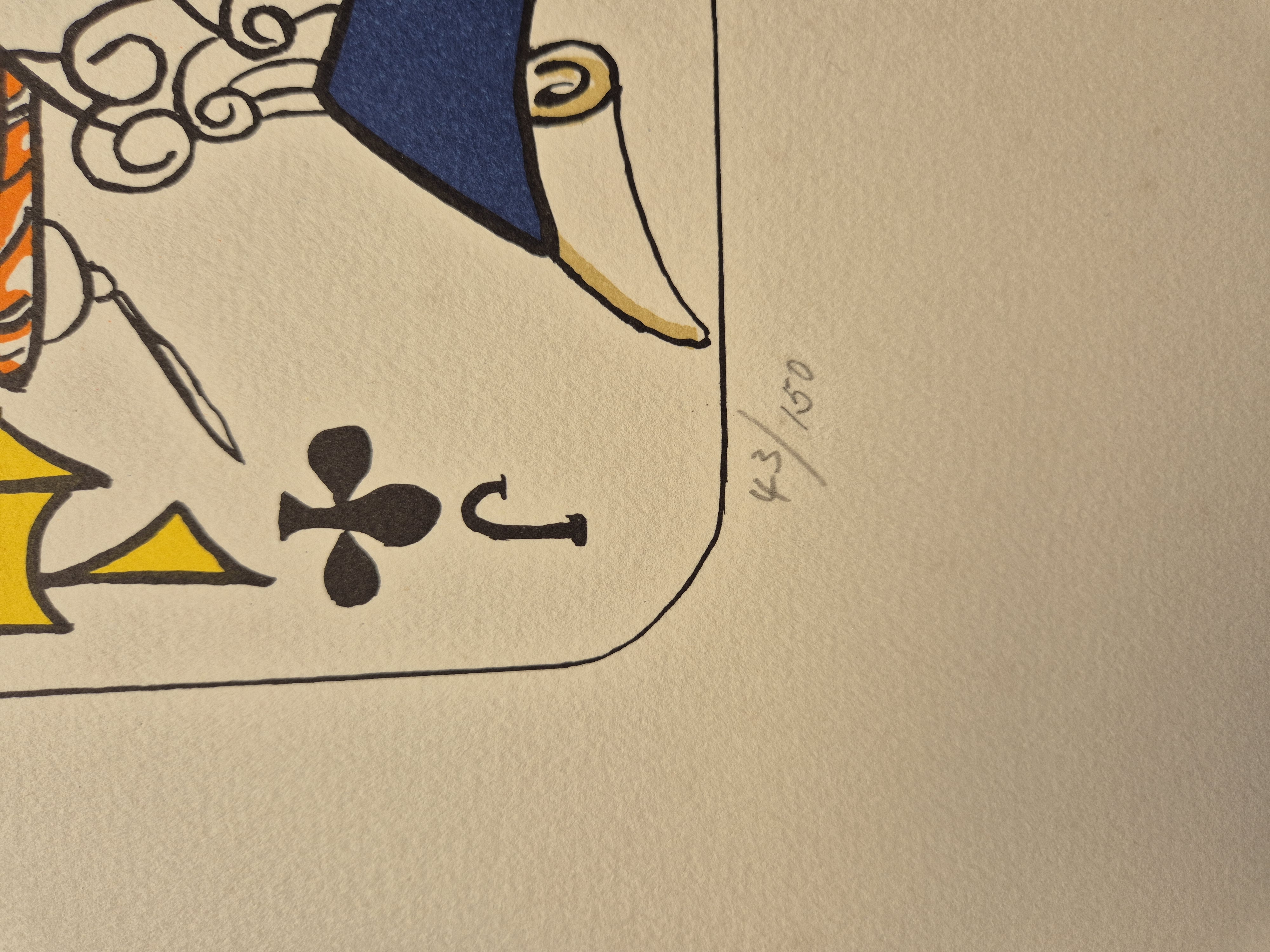 A stylized playing card illustration of a knight figure with vibrant colors and heraldic elements.
