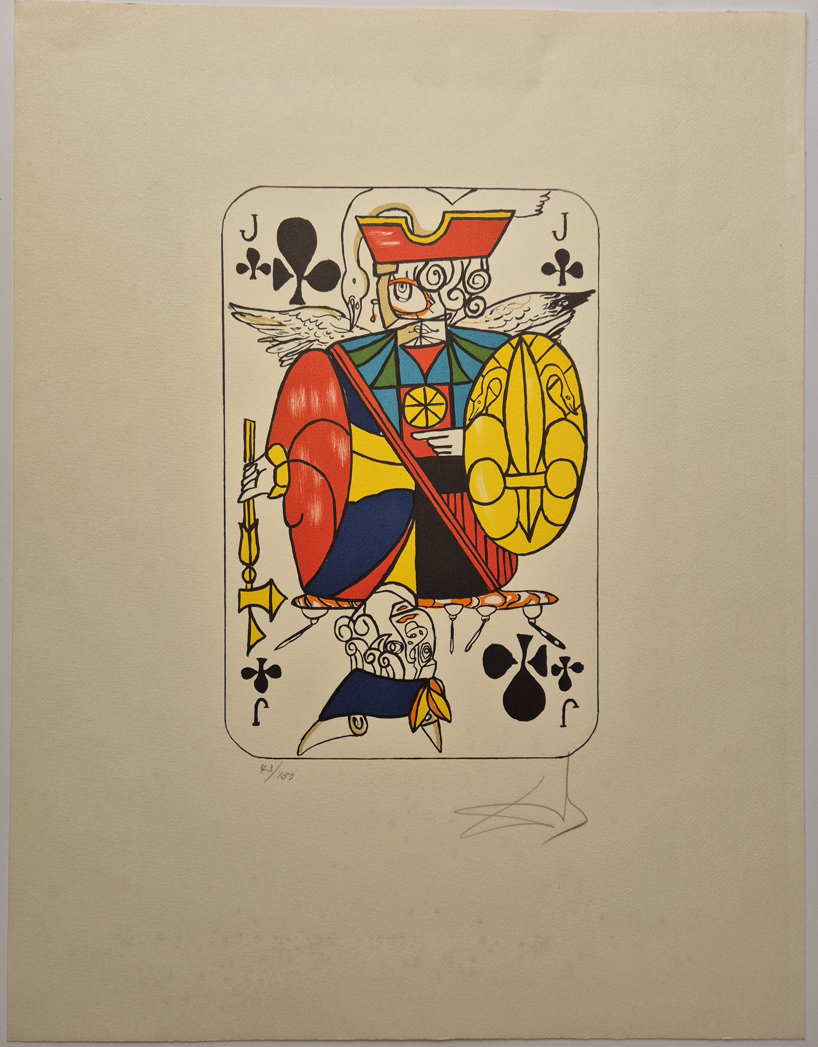 A stylized playing card illustration of a knight figure with vibrant colors and heraldic elements.
