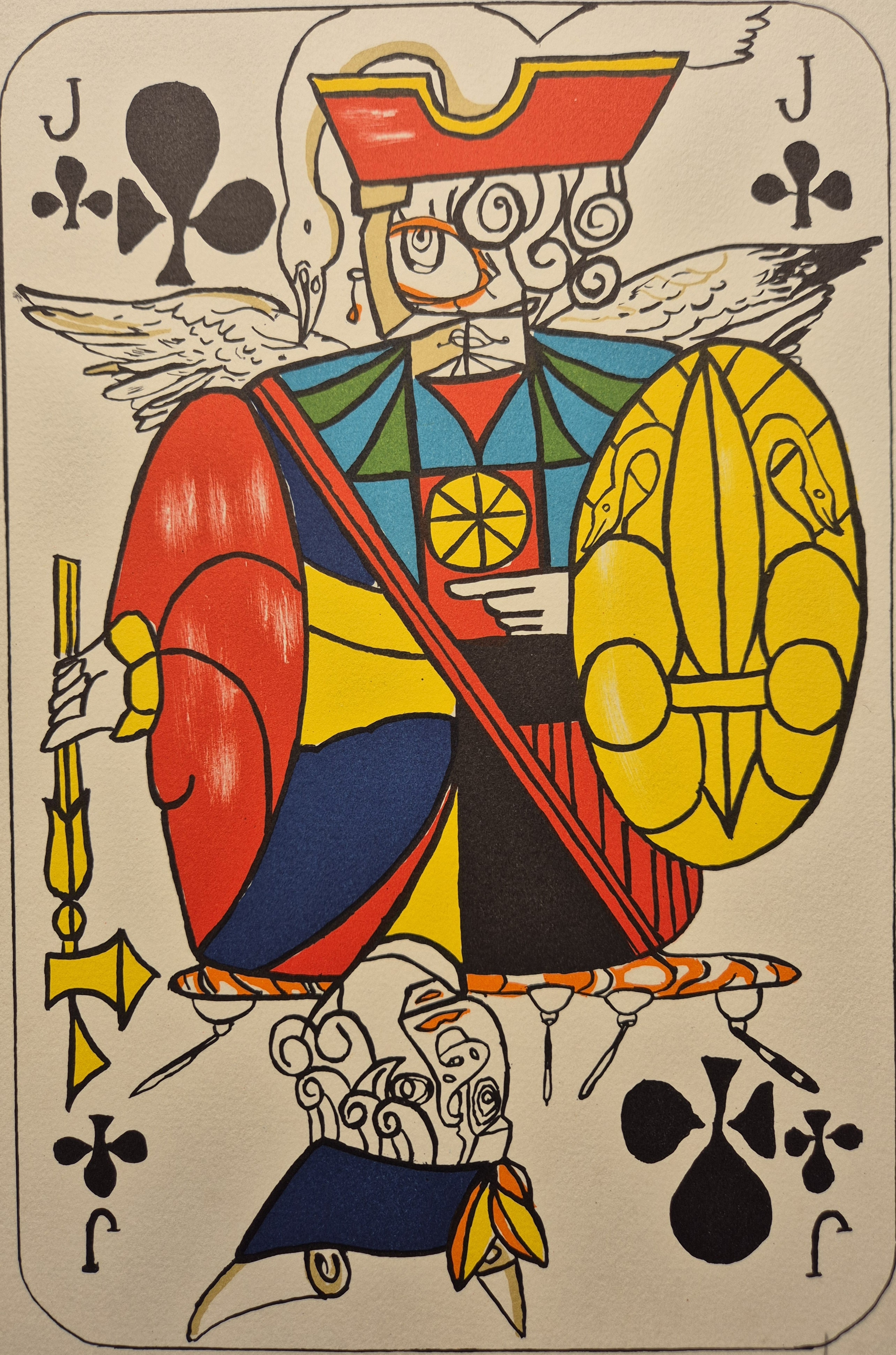 A stylized playing card illustration of a knight figure with vibrant colors and heraldic elements.