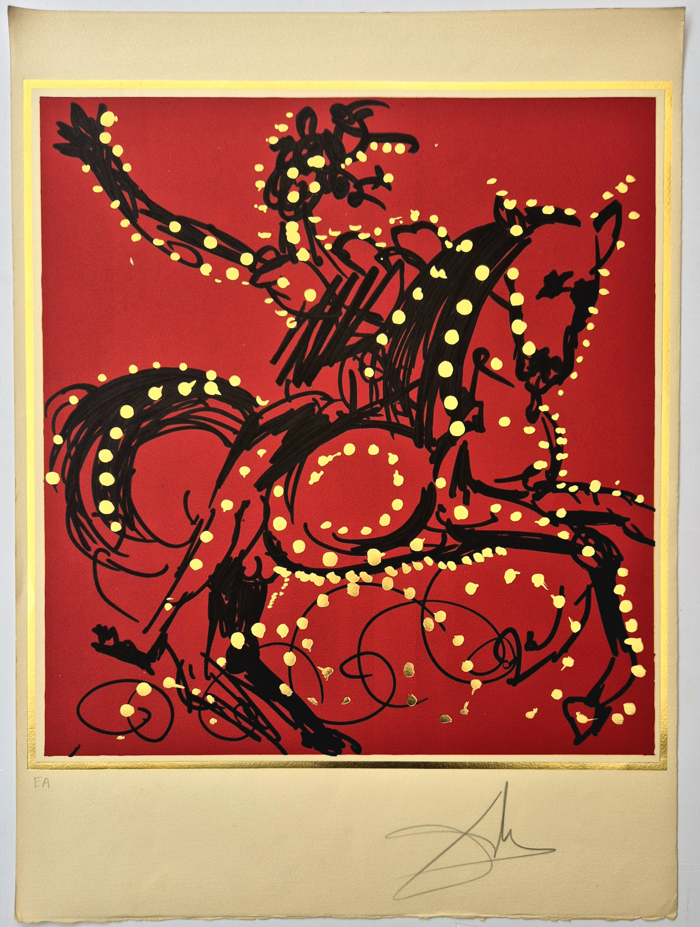 A painting of a man riding a horse on a red background.