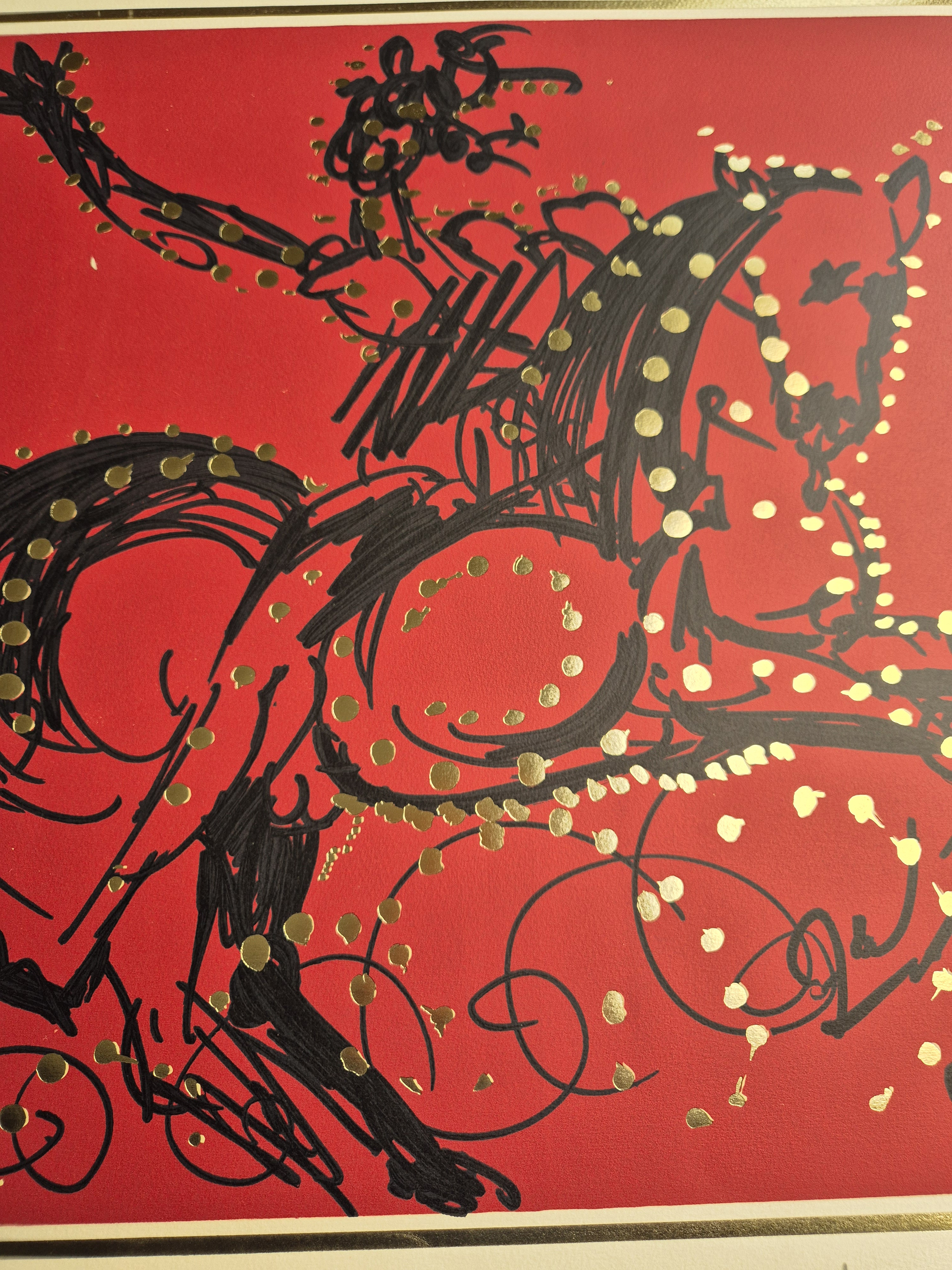 A painting of a man riding a horse on a red background.