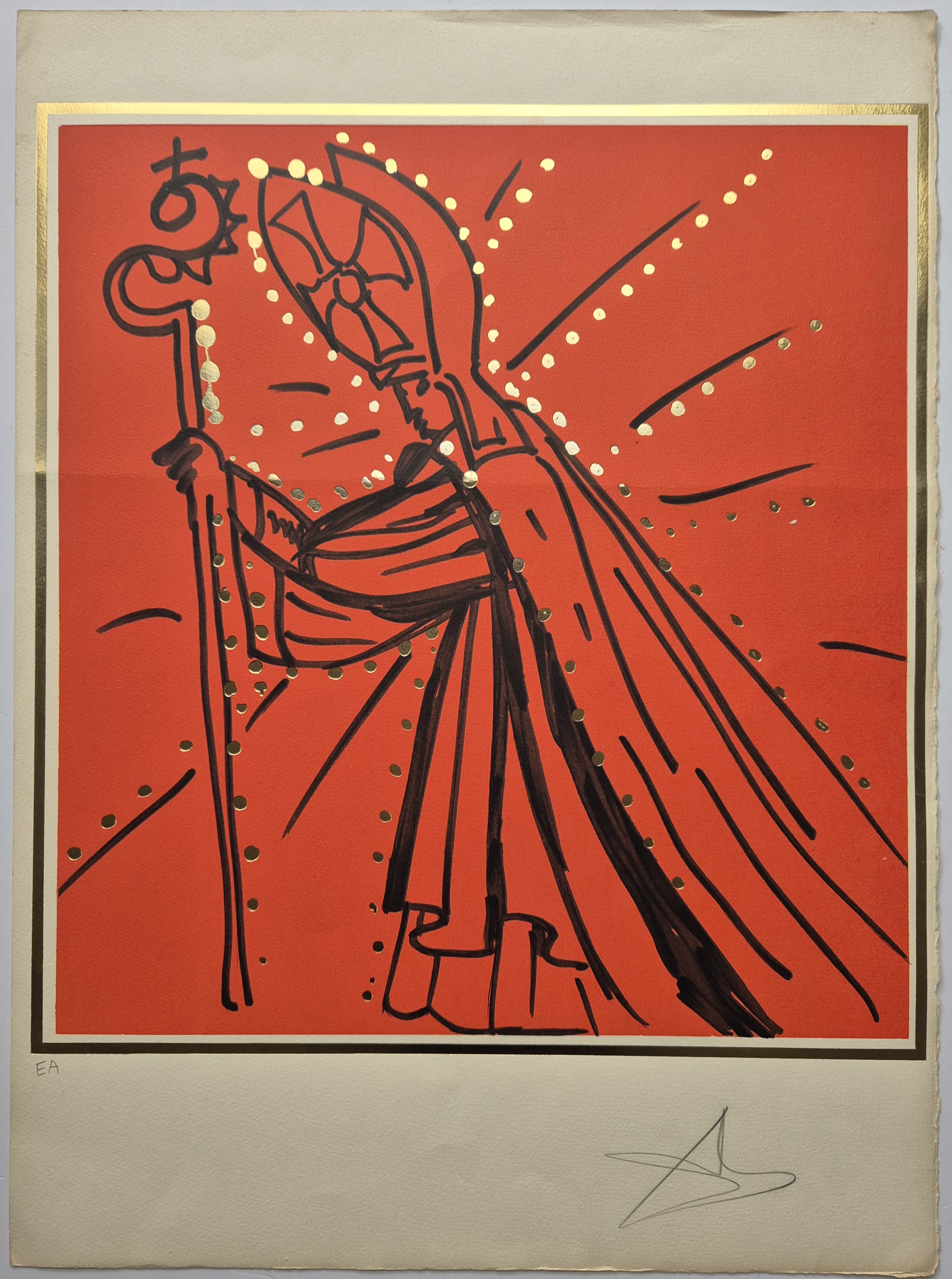A painting of a woman in a red dress holding a staff.