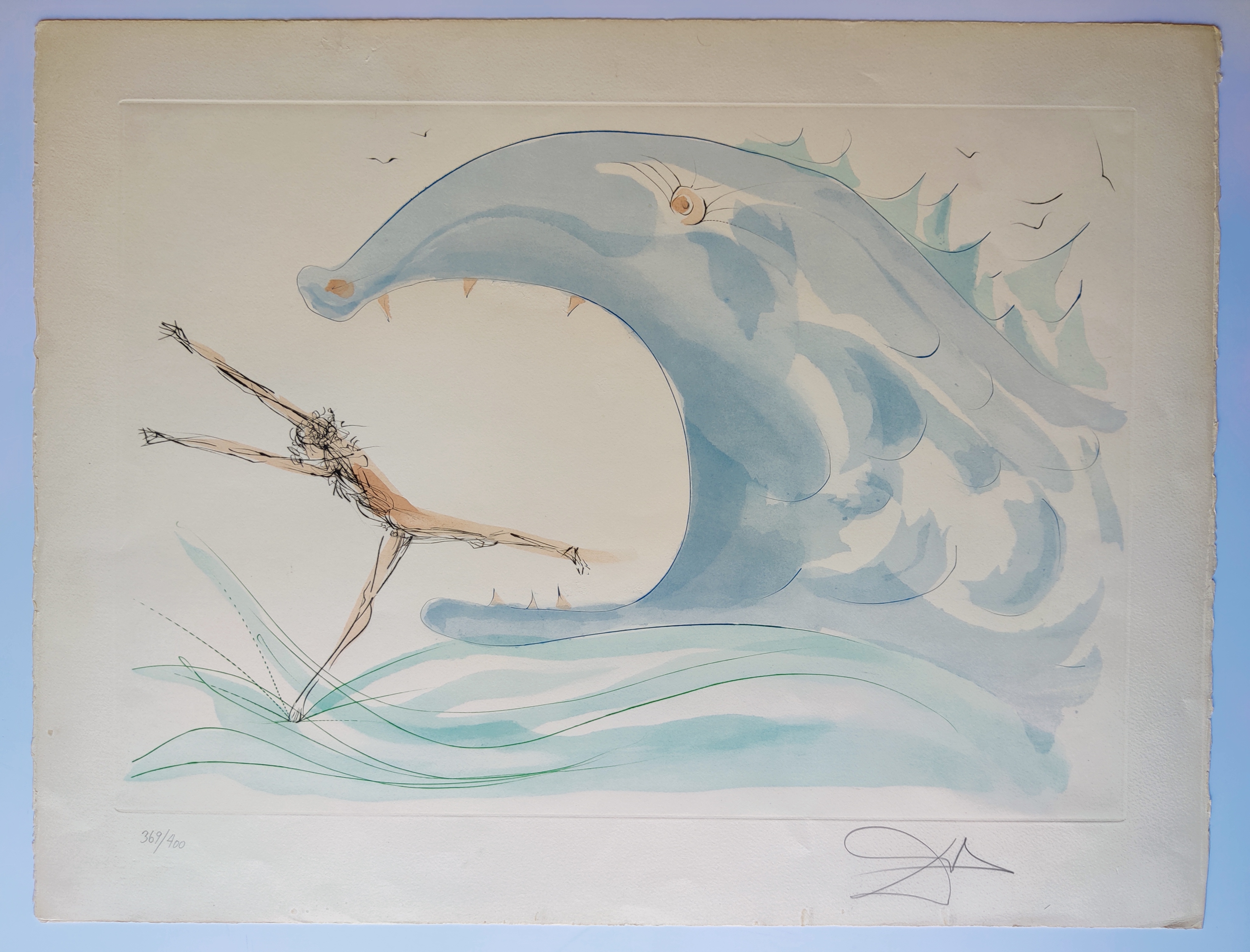 A dynamic illustration of a figure diving into a stylized blue wave.