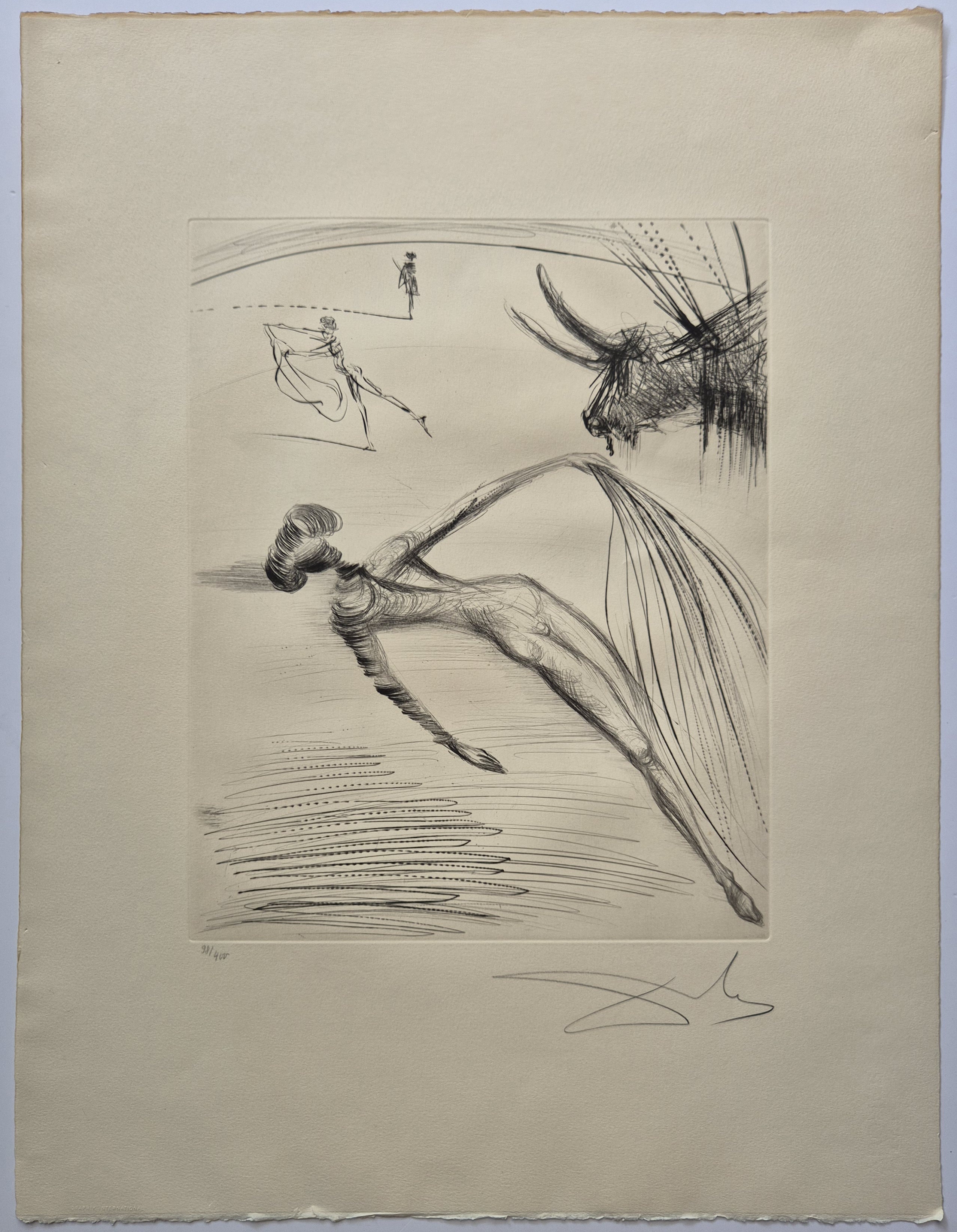 A drawing of a woman flying through the air with a man in the background.