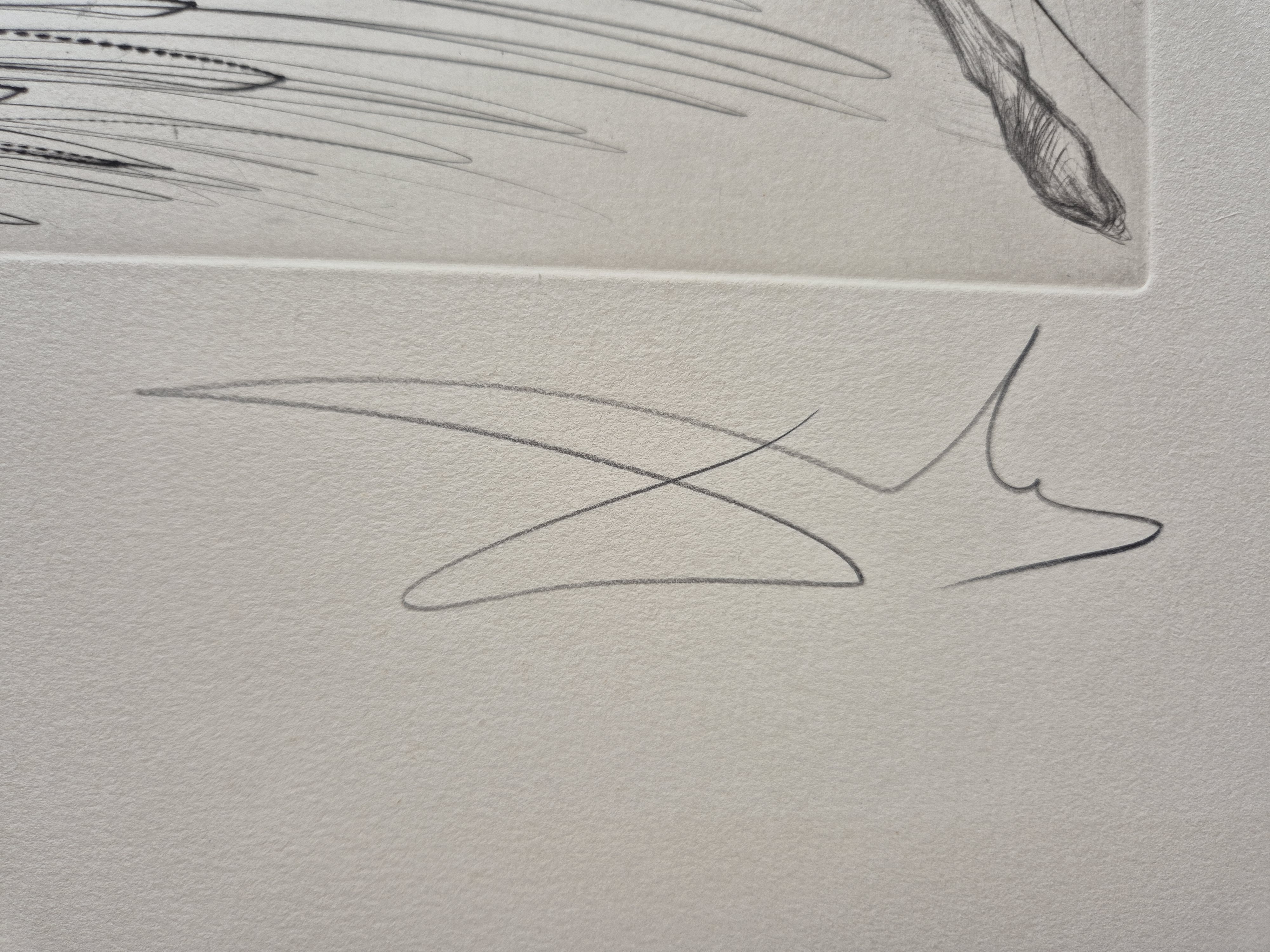 A drawing of a woman flying through the air with a man in the background.