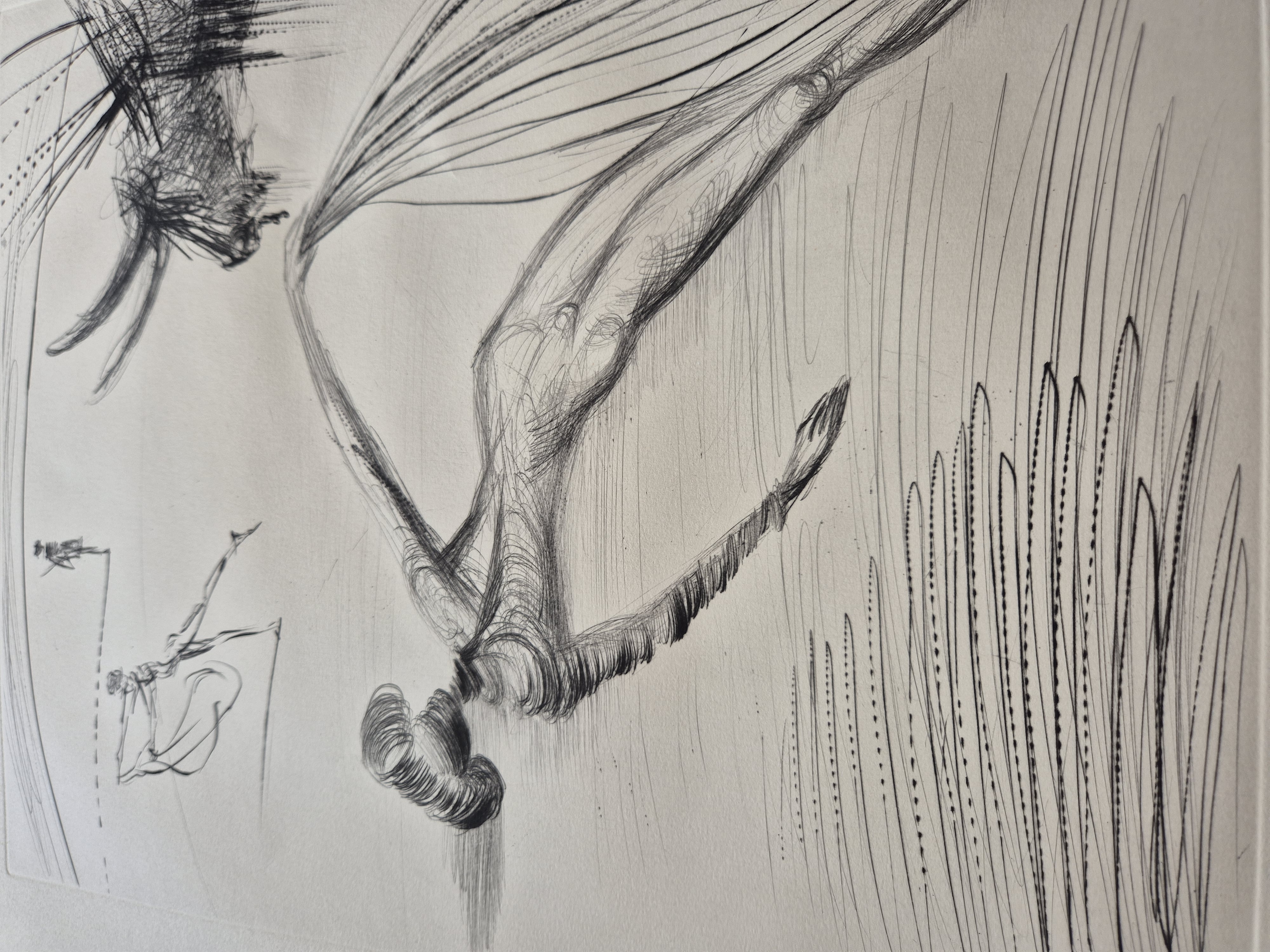 A drawing of a woman flying through the air with a man in the background.