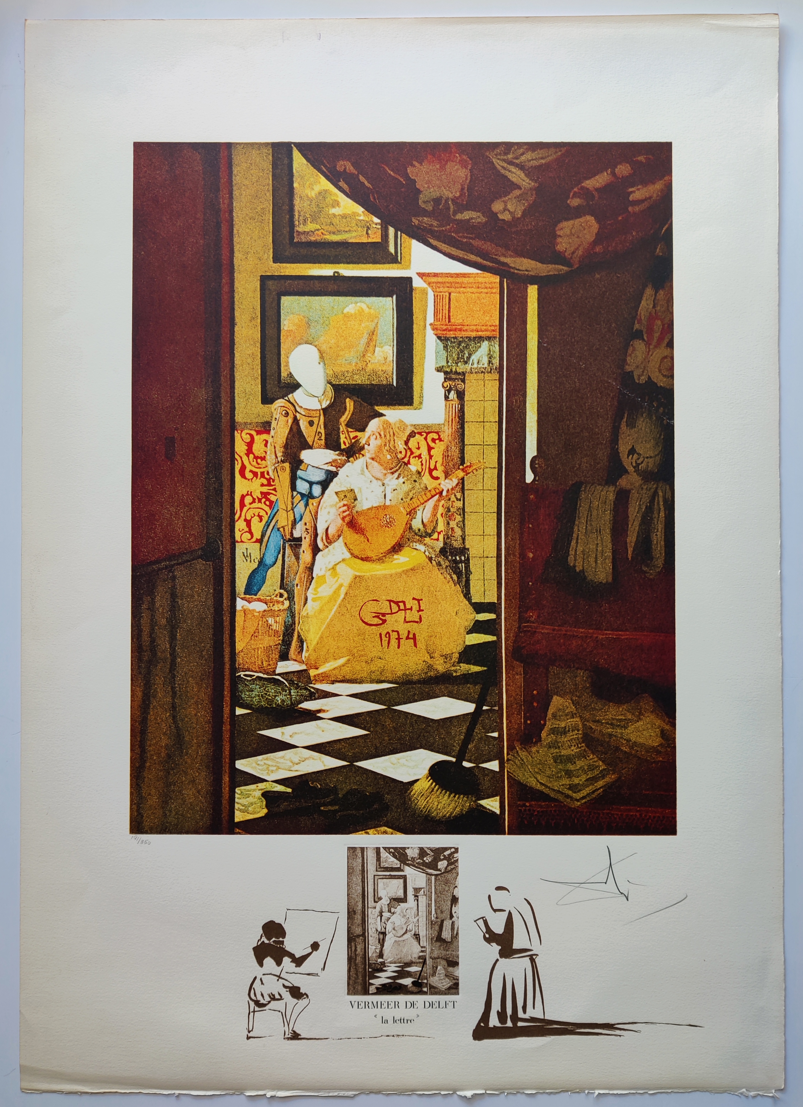 A colorful interior scene featuring a figure playing a lute, surrounded by still life elements and framed by architectural details.