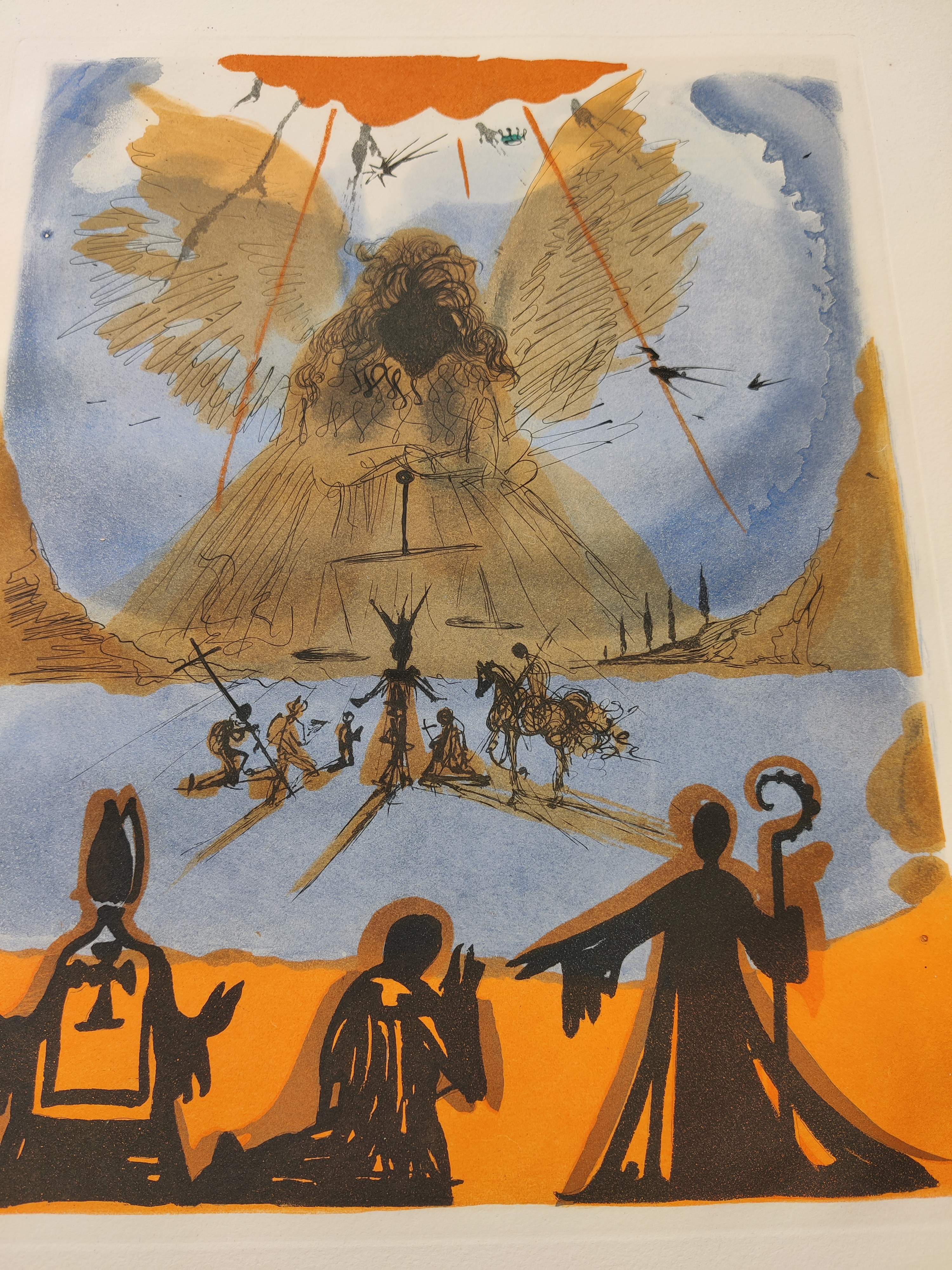 A drawing of an angel flying over a group of people.