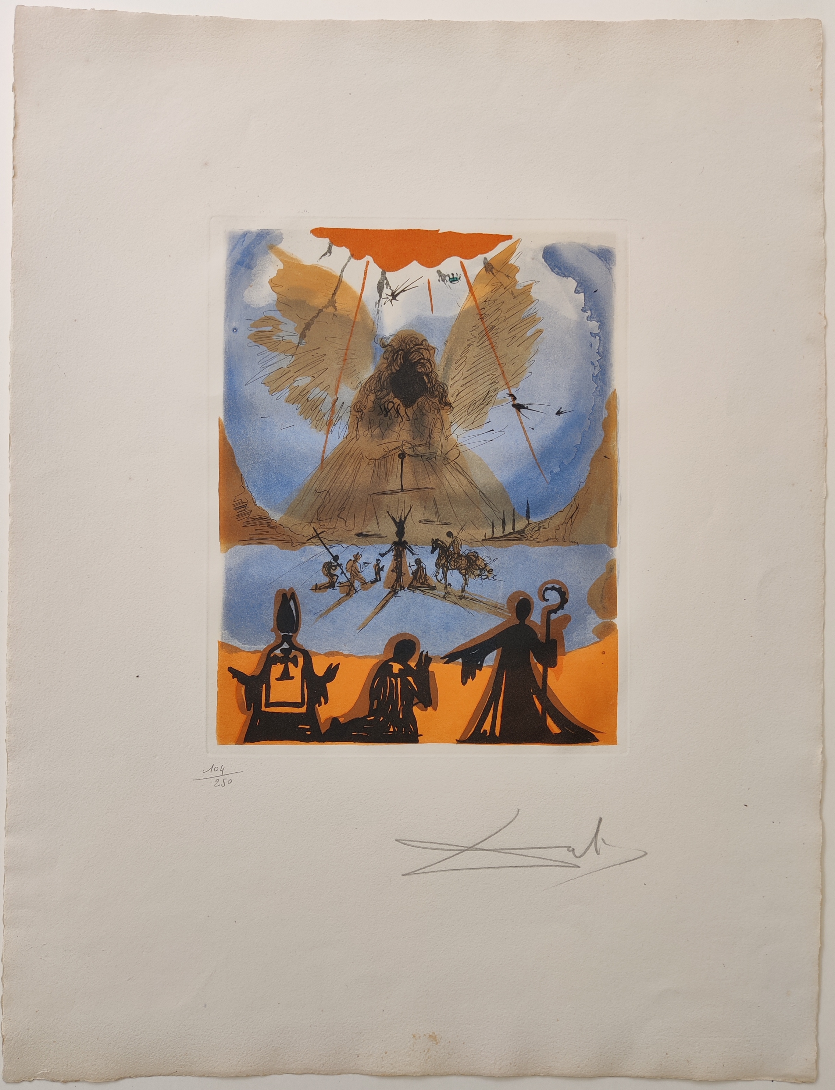 A drawing of an angel flying over a group of people.