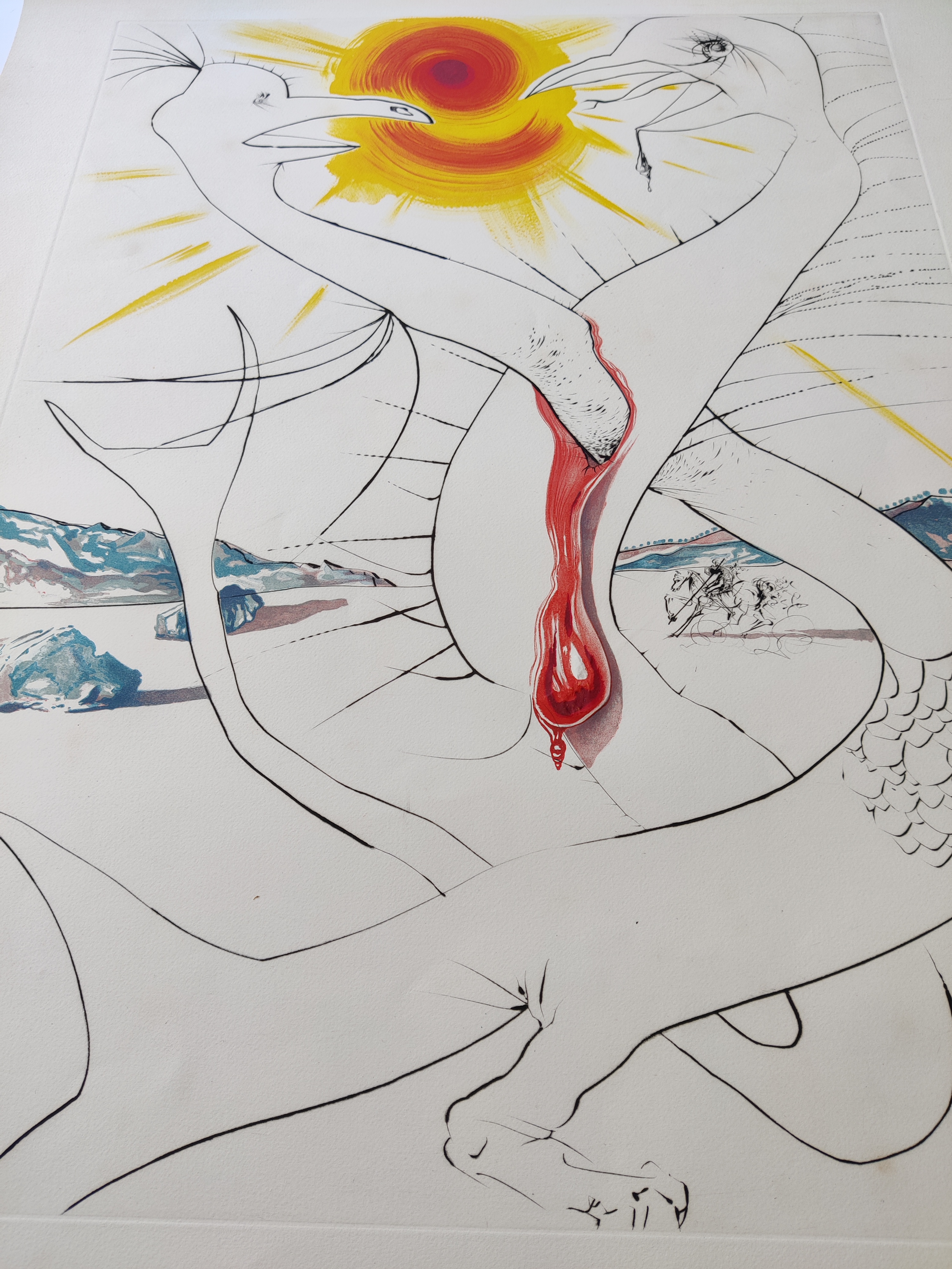 A drawing of two birds with a sun in the background.