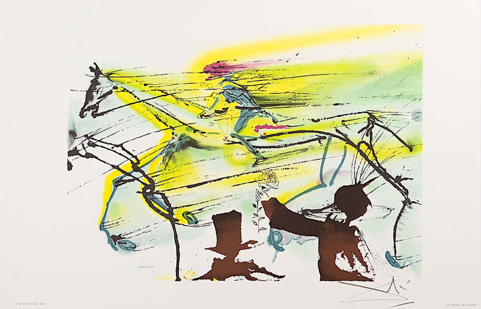 A painting of a man riding a horse in a field.