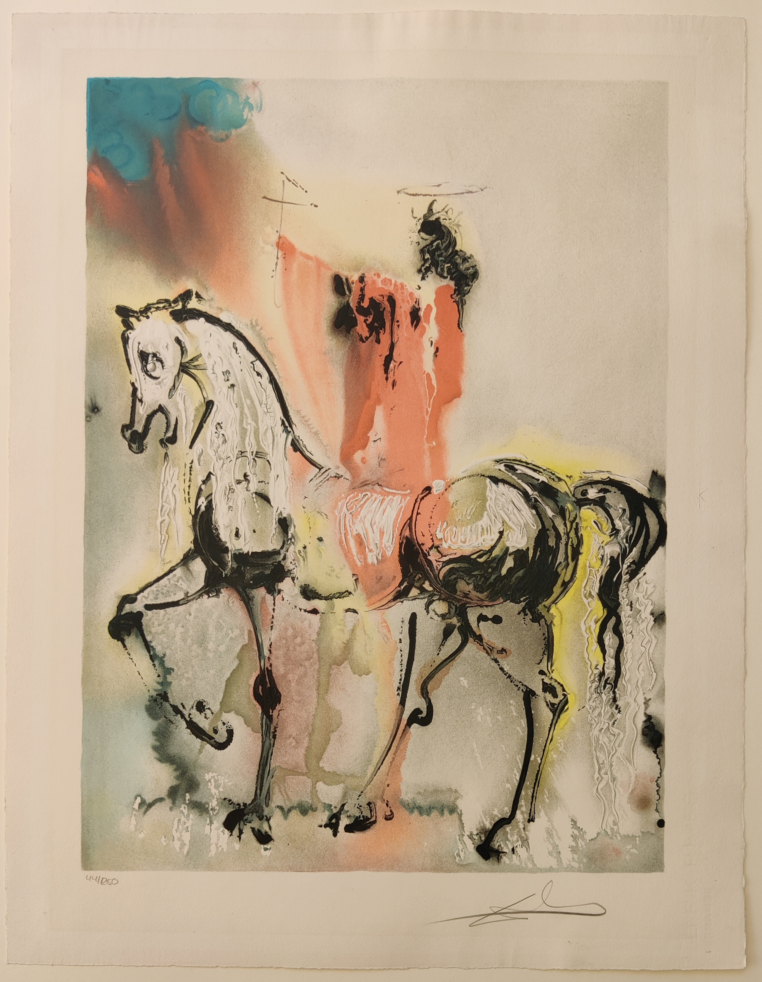 A painting of two horses running in a field.