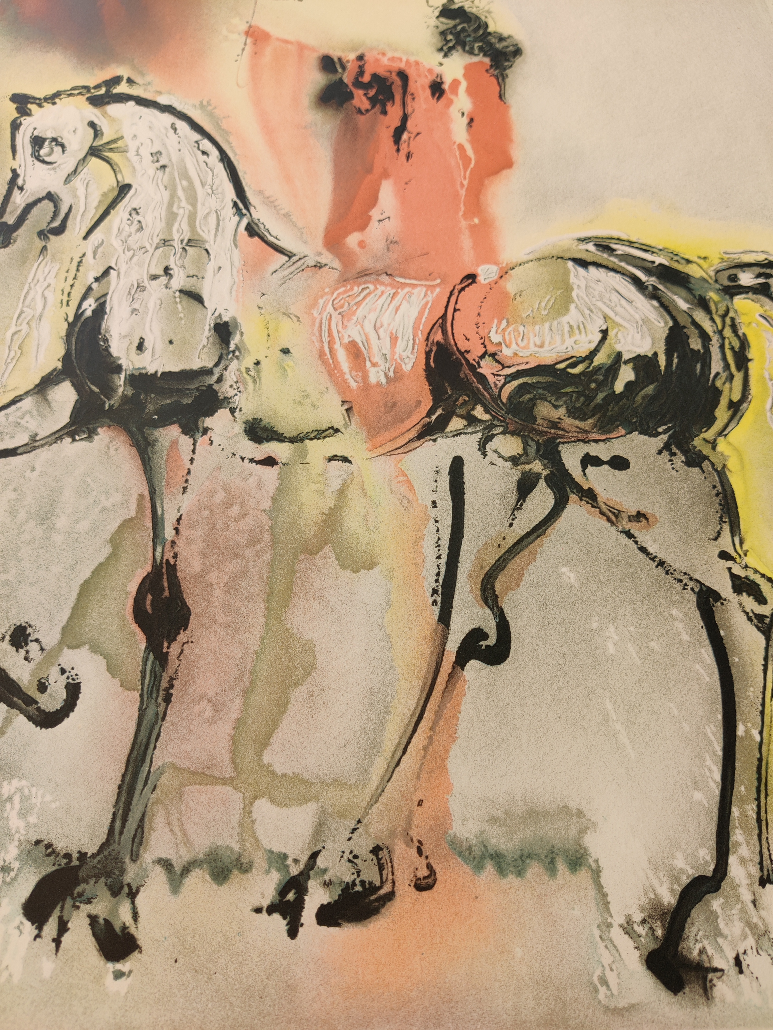 A painting of two horses running in a field.