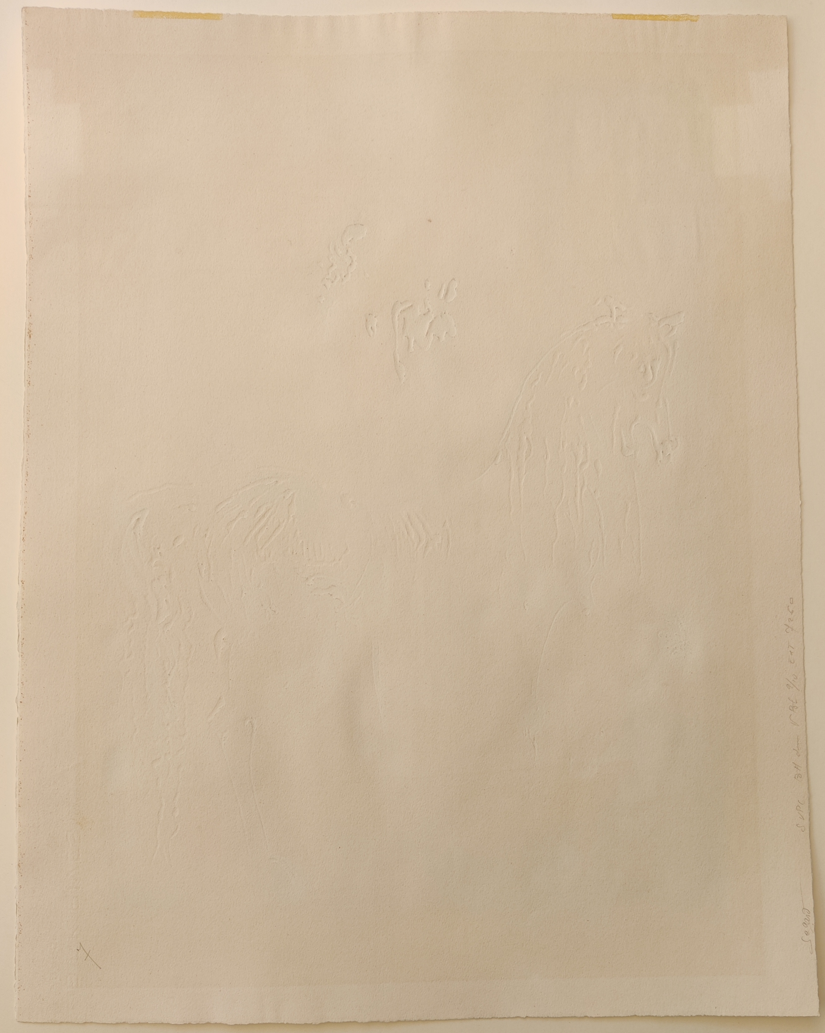 A painting of two horses running in a field.