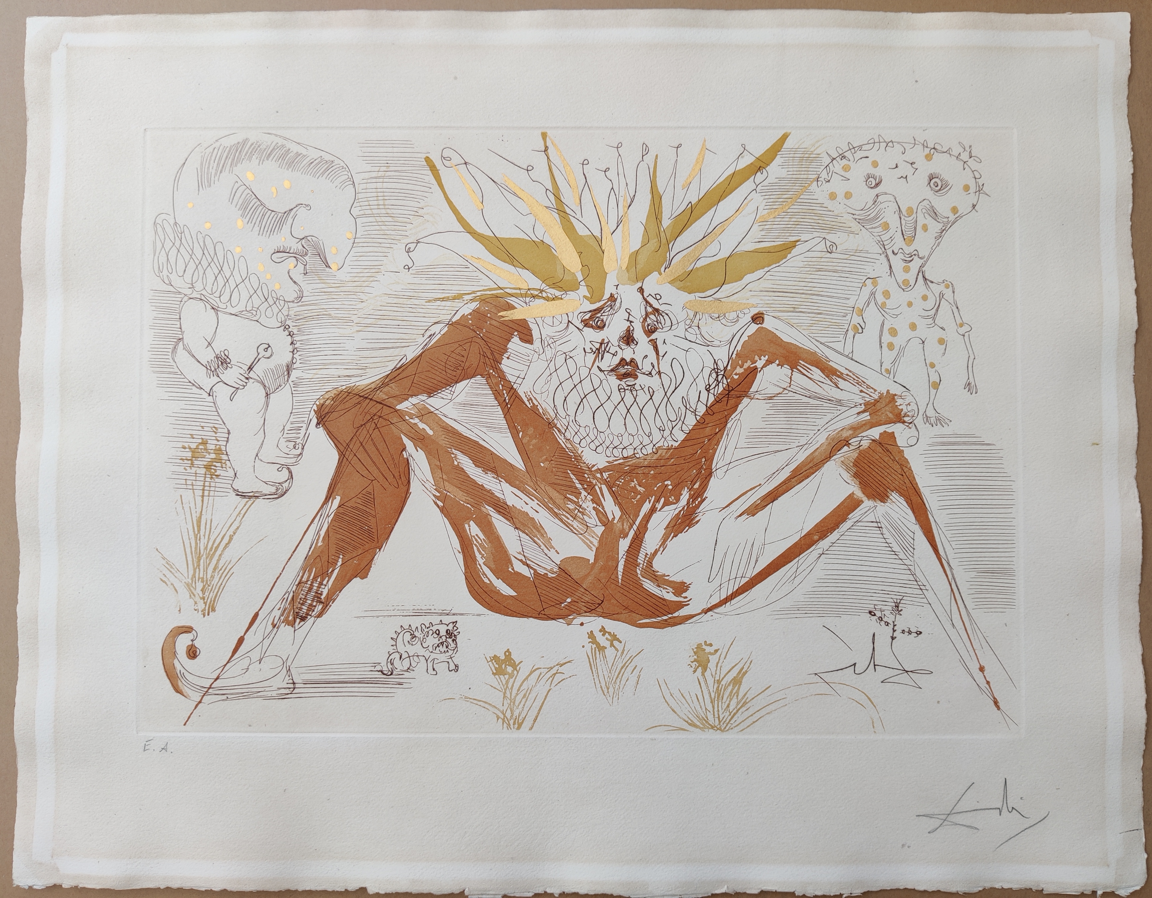 A drawing of a man sitting in the grass with a crown on his head.
