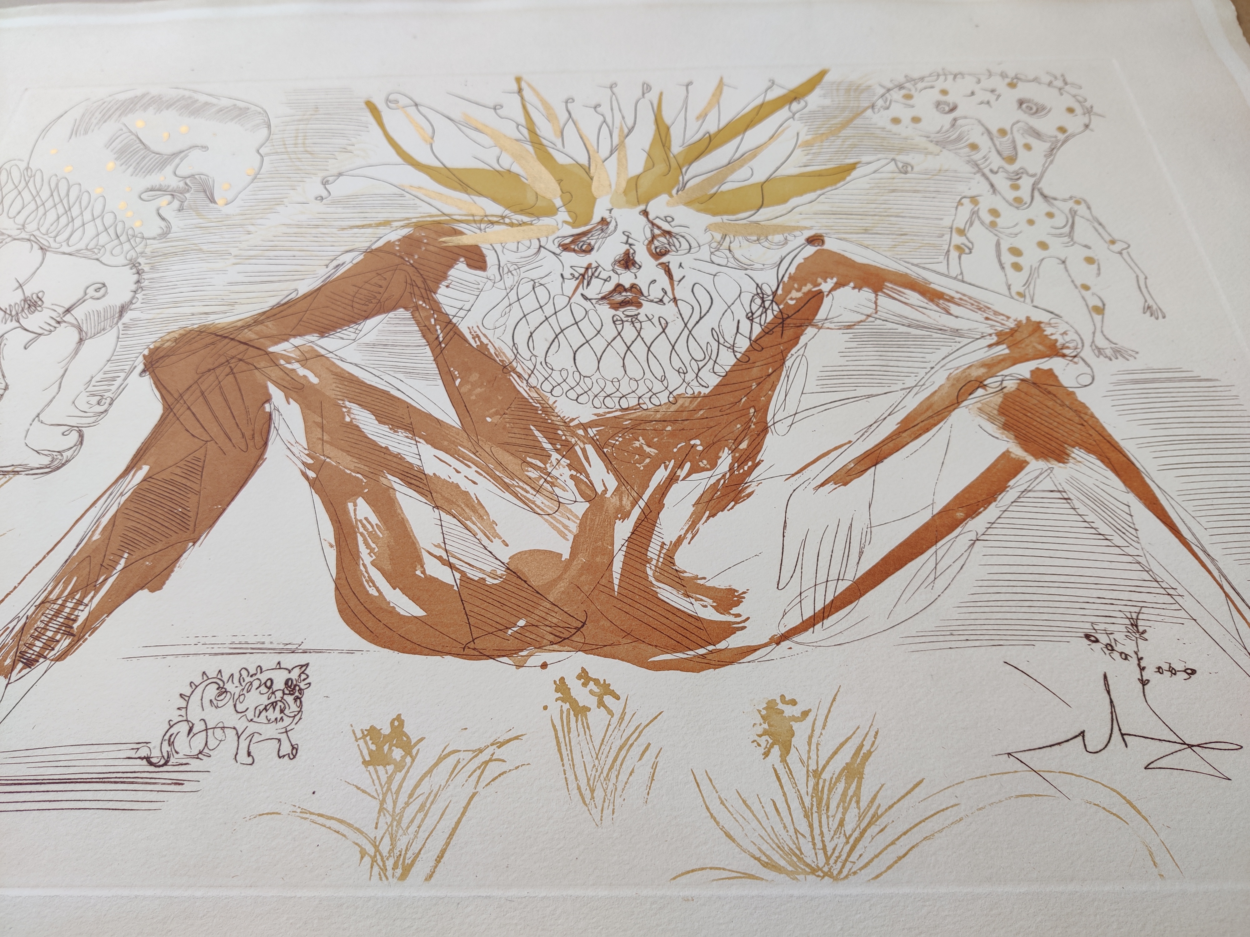 A drawing of a man sitting in the grass with a crown on his head.