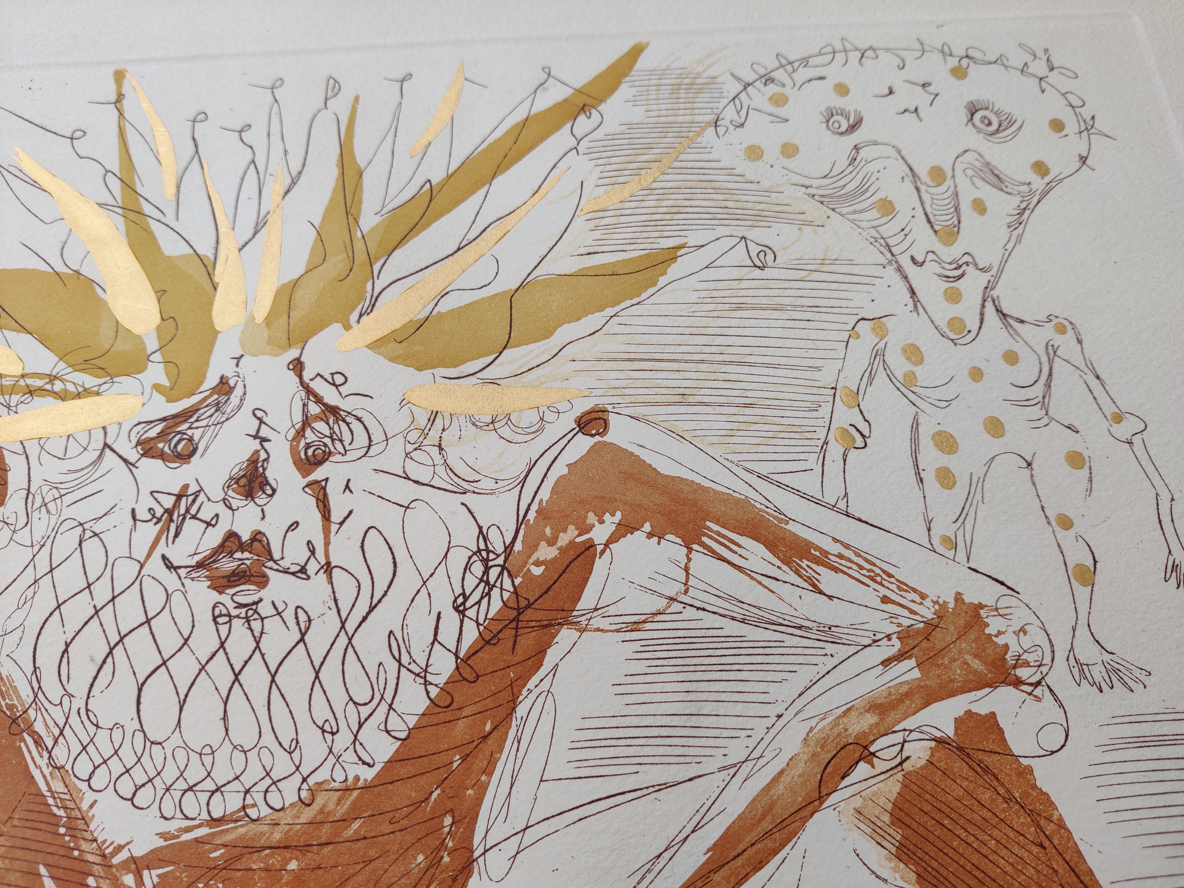 A drawing of a man sitting in the grass with a crown on his head.