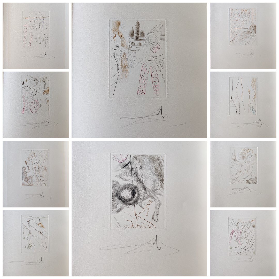 A series of drawings on a white wall. 