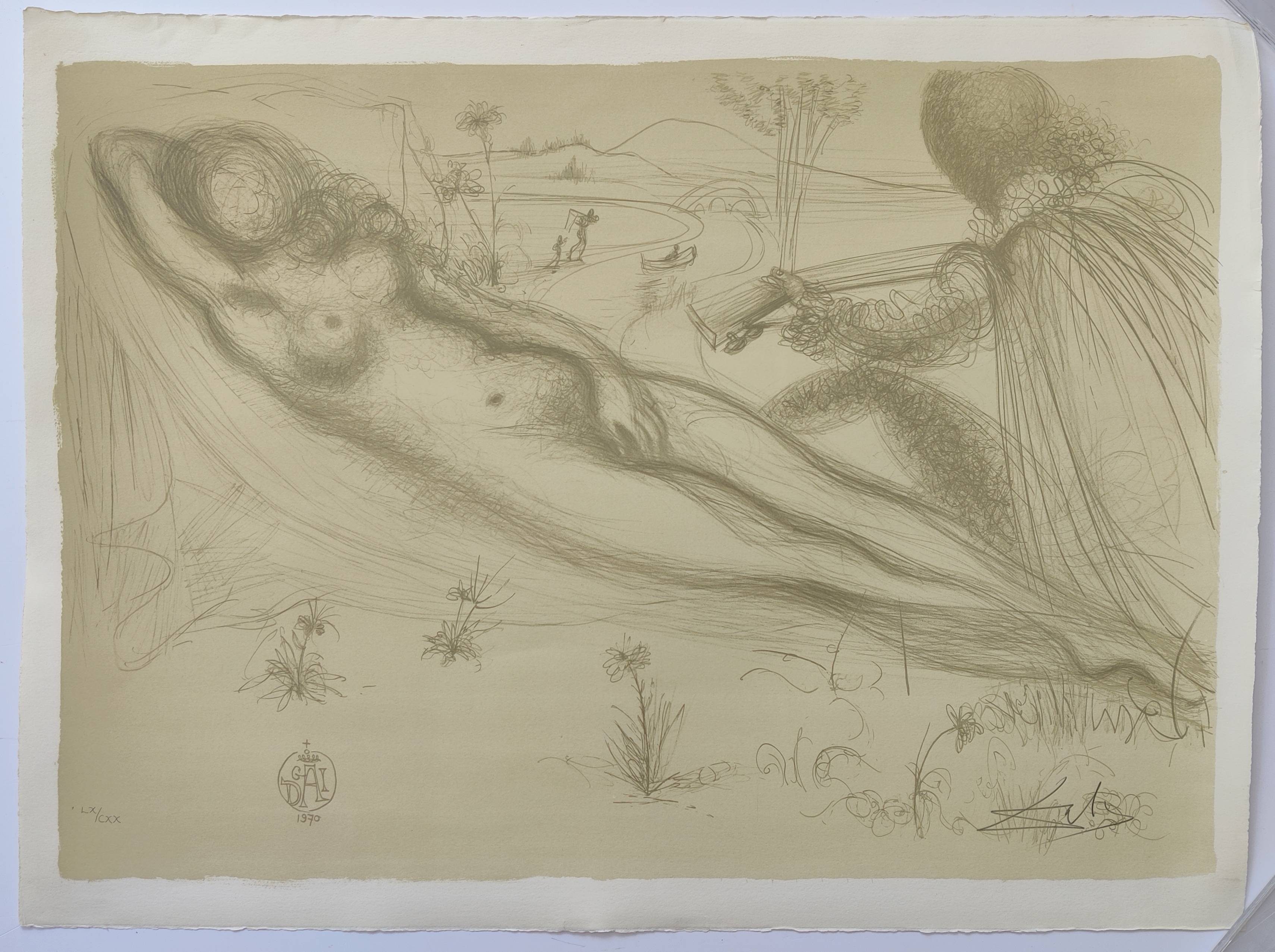 A drawing of a nude woman laying down in a field.