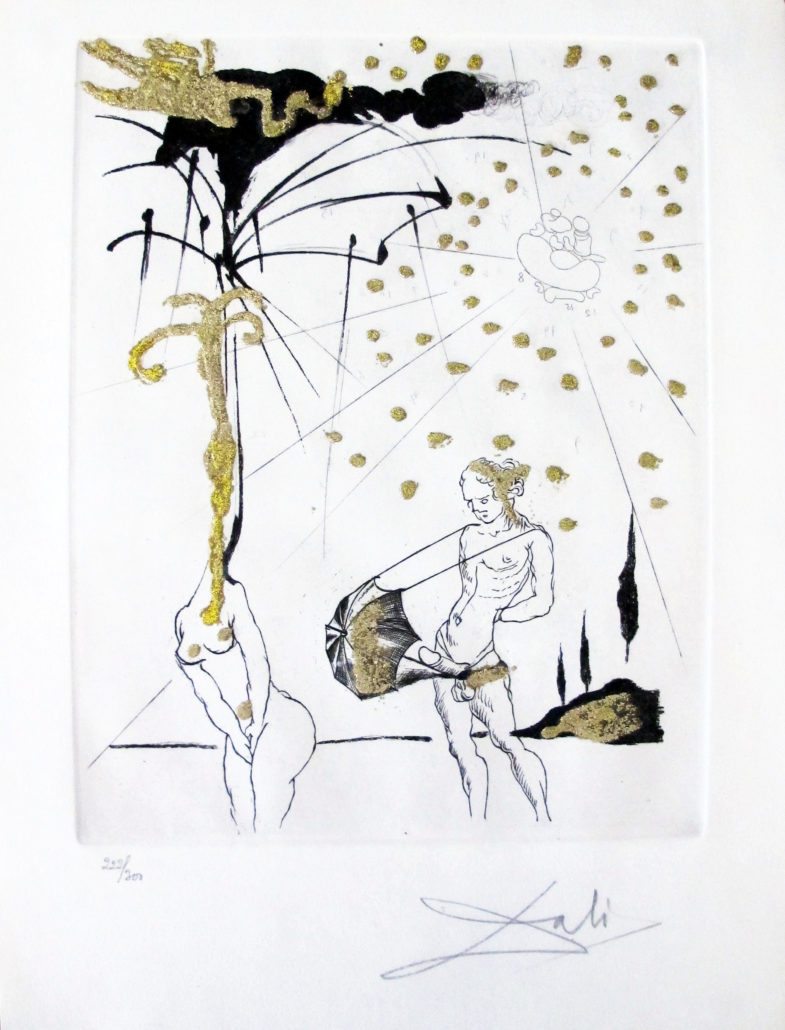 A black and white drawing of a man holding an umbrella.