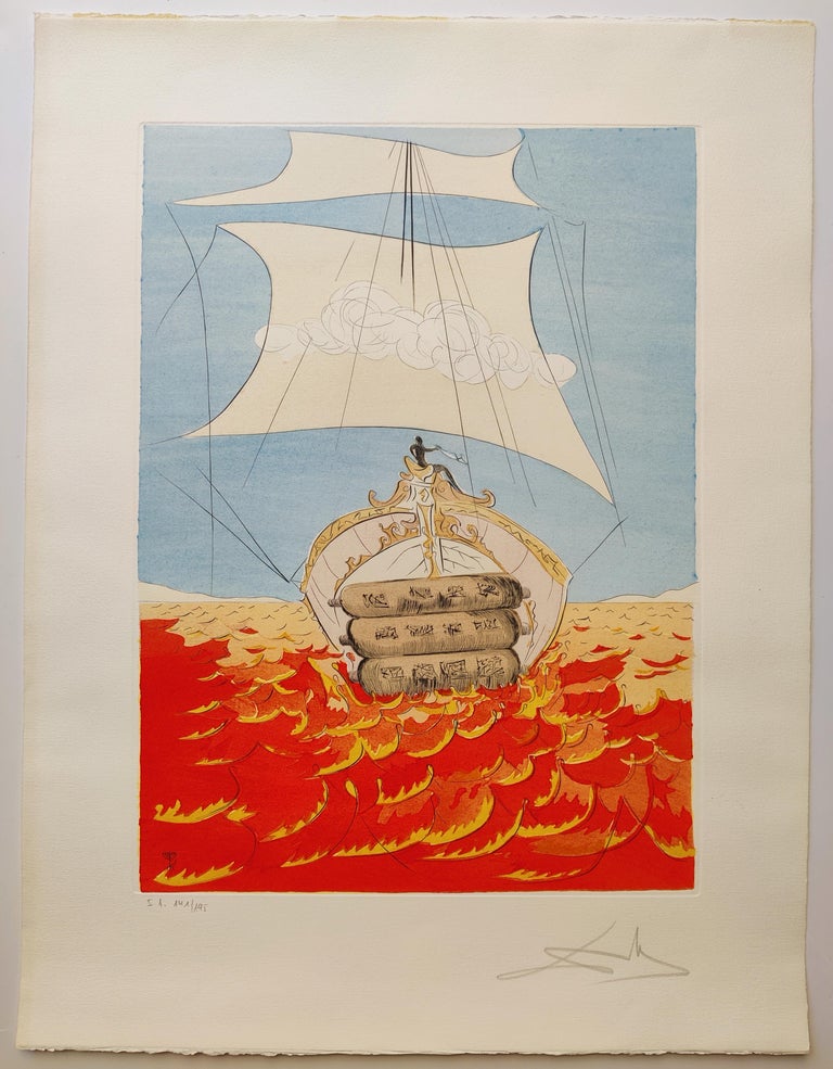 A painting of a ship in the middle of a fire.