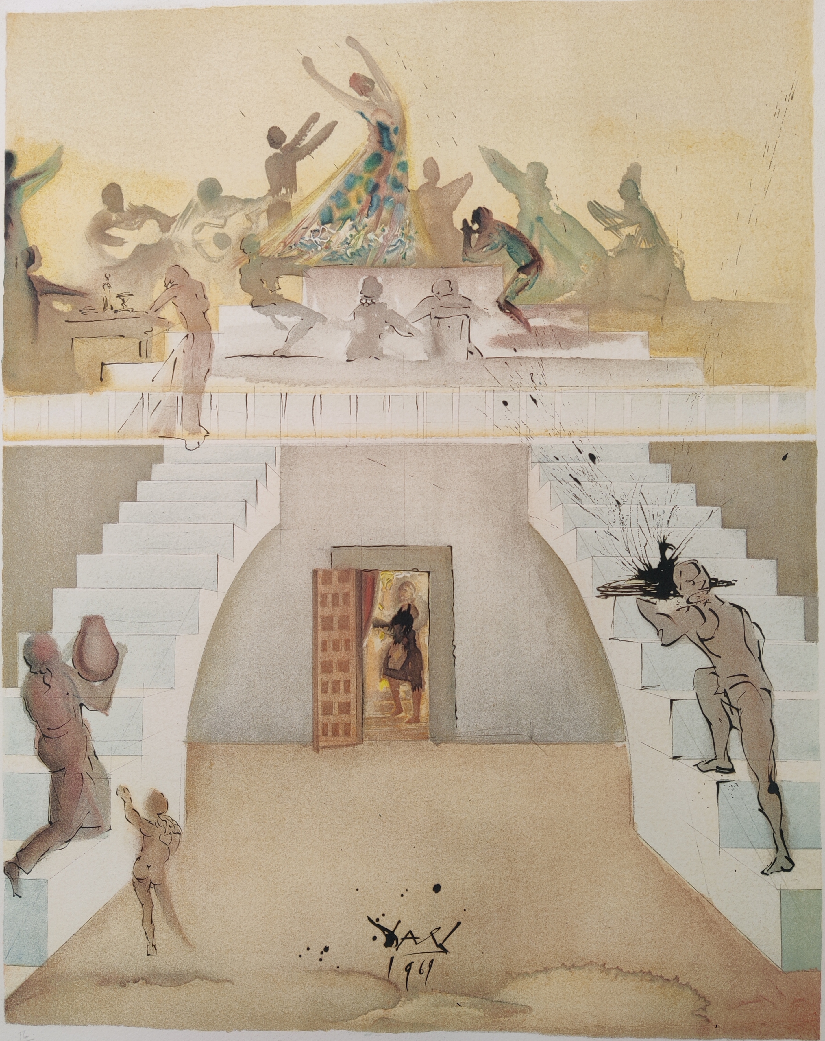 A drawing of a group of people dancing in a room.