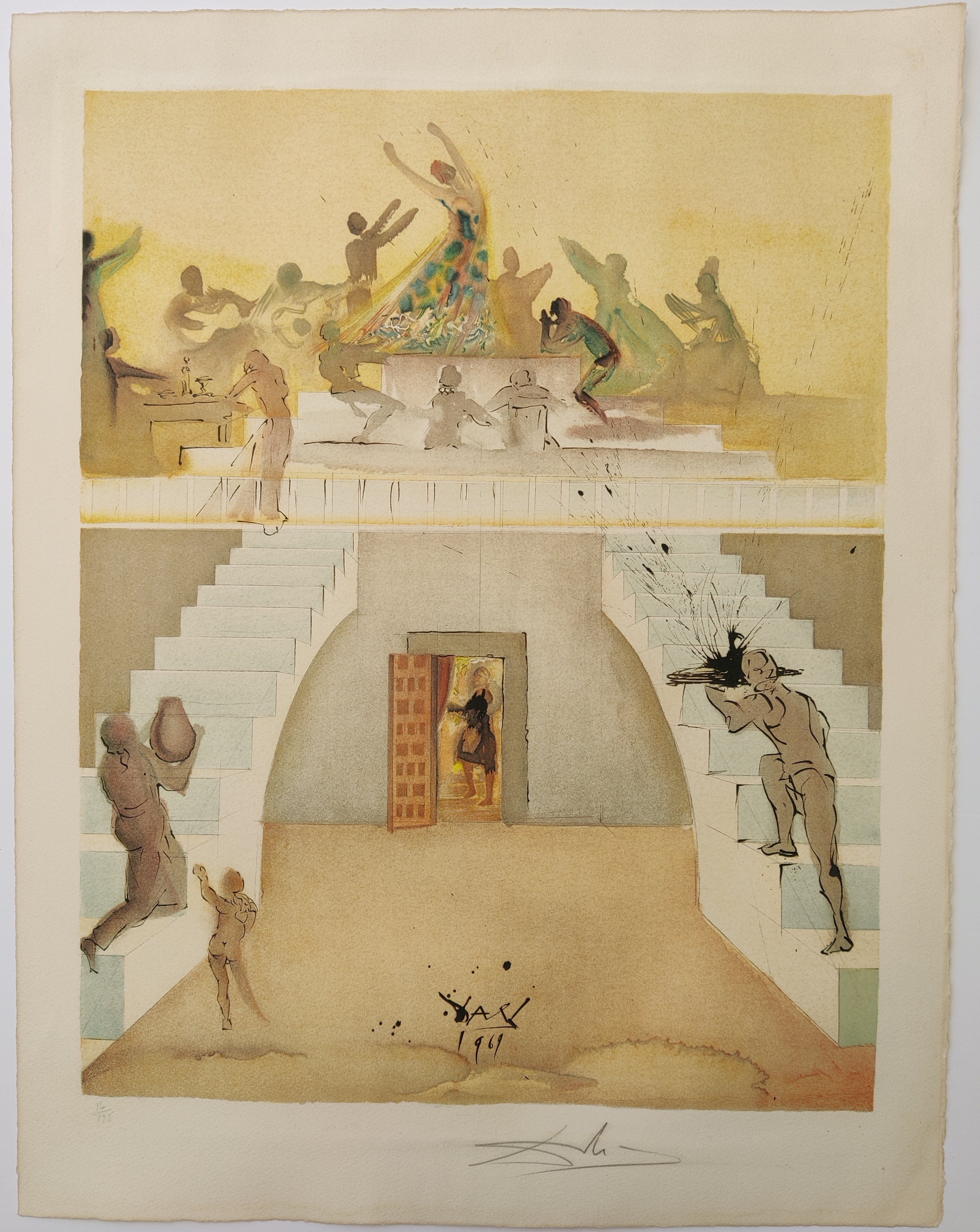 A drawing of a group of people dancing in a room.