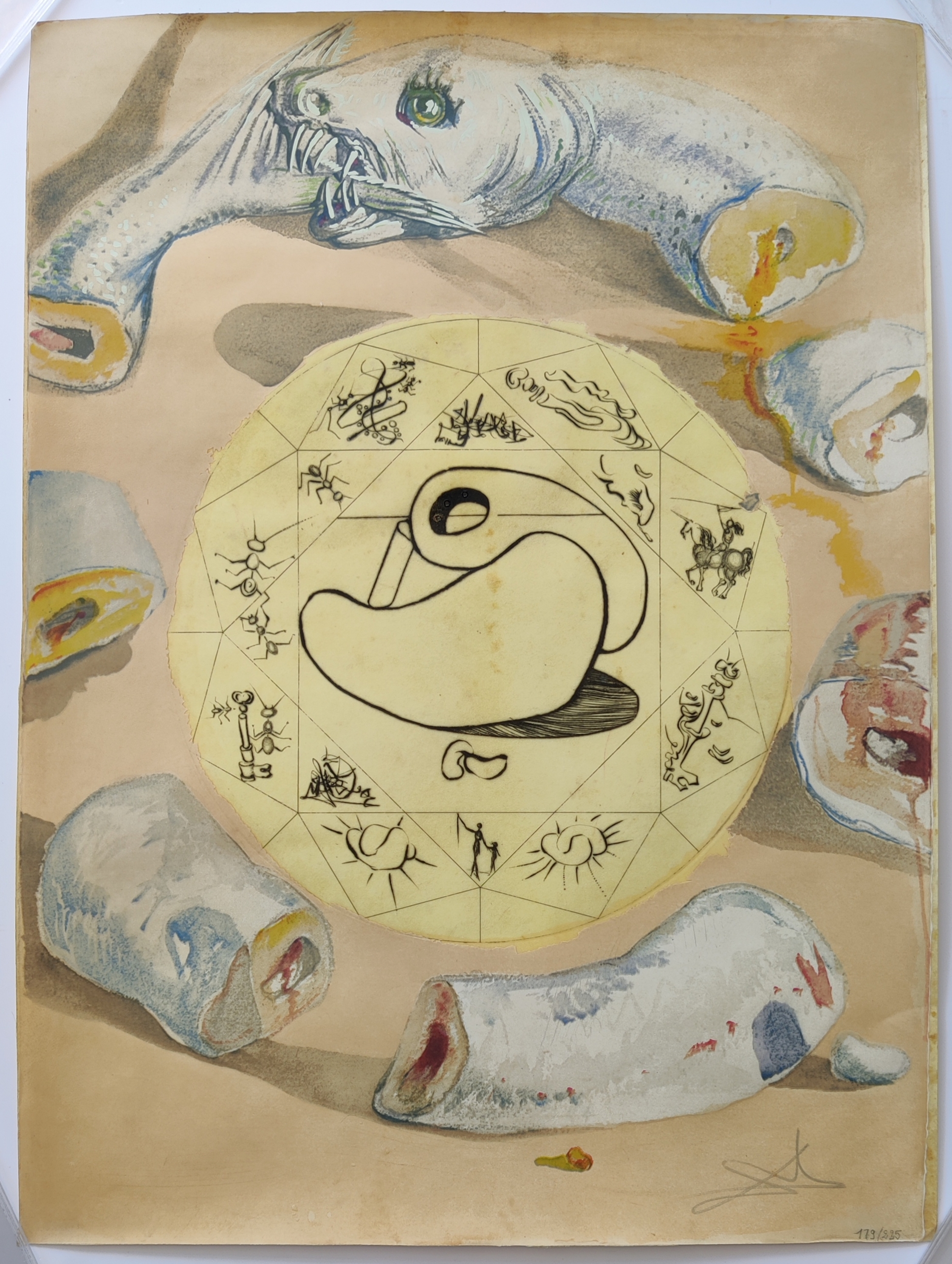A drawing of a fish with a yin and yang symbol on it.