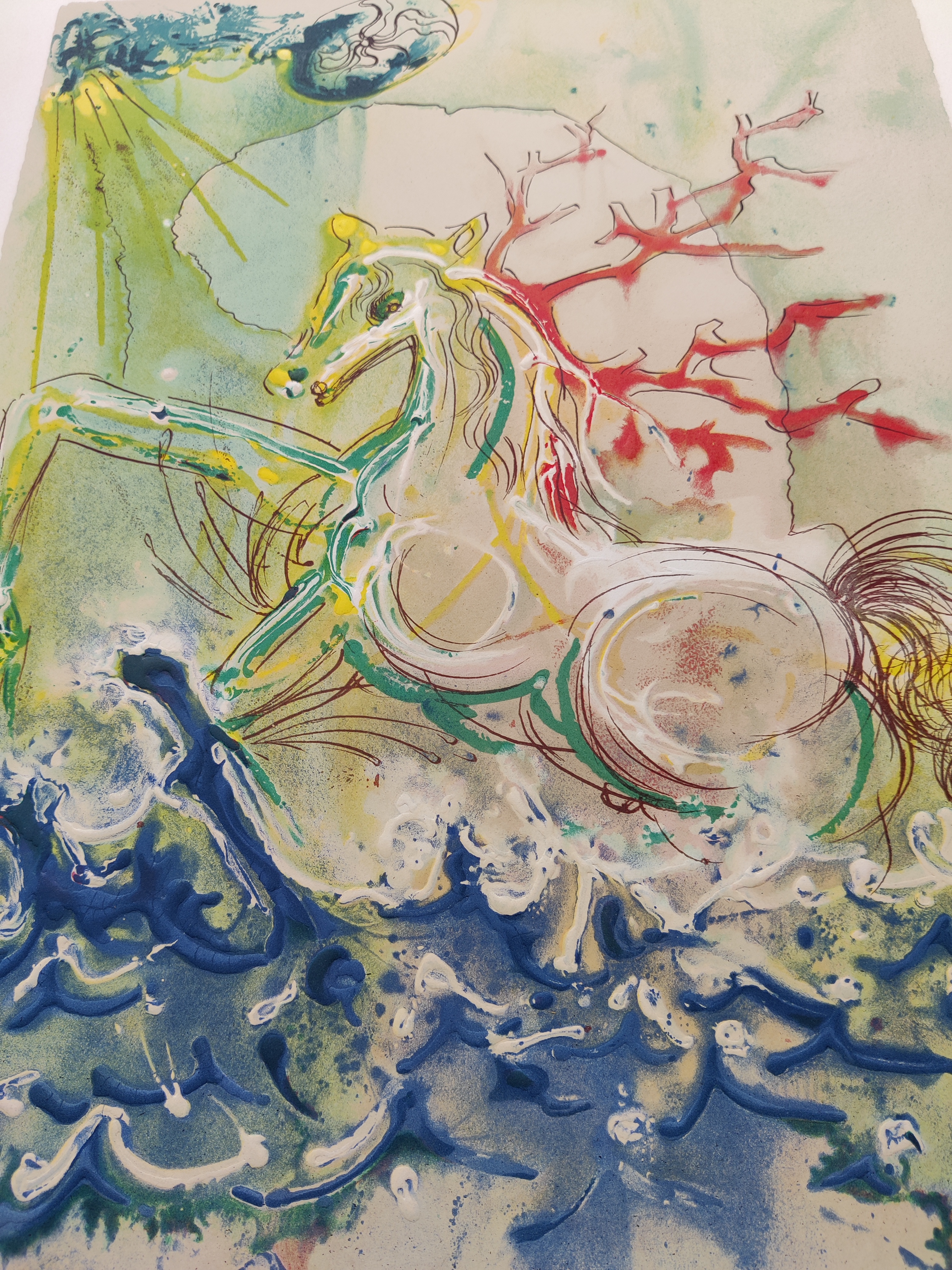 A painting of a horse in the water with a moon in the background.