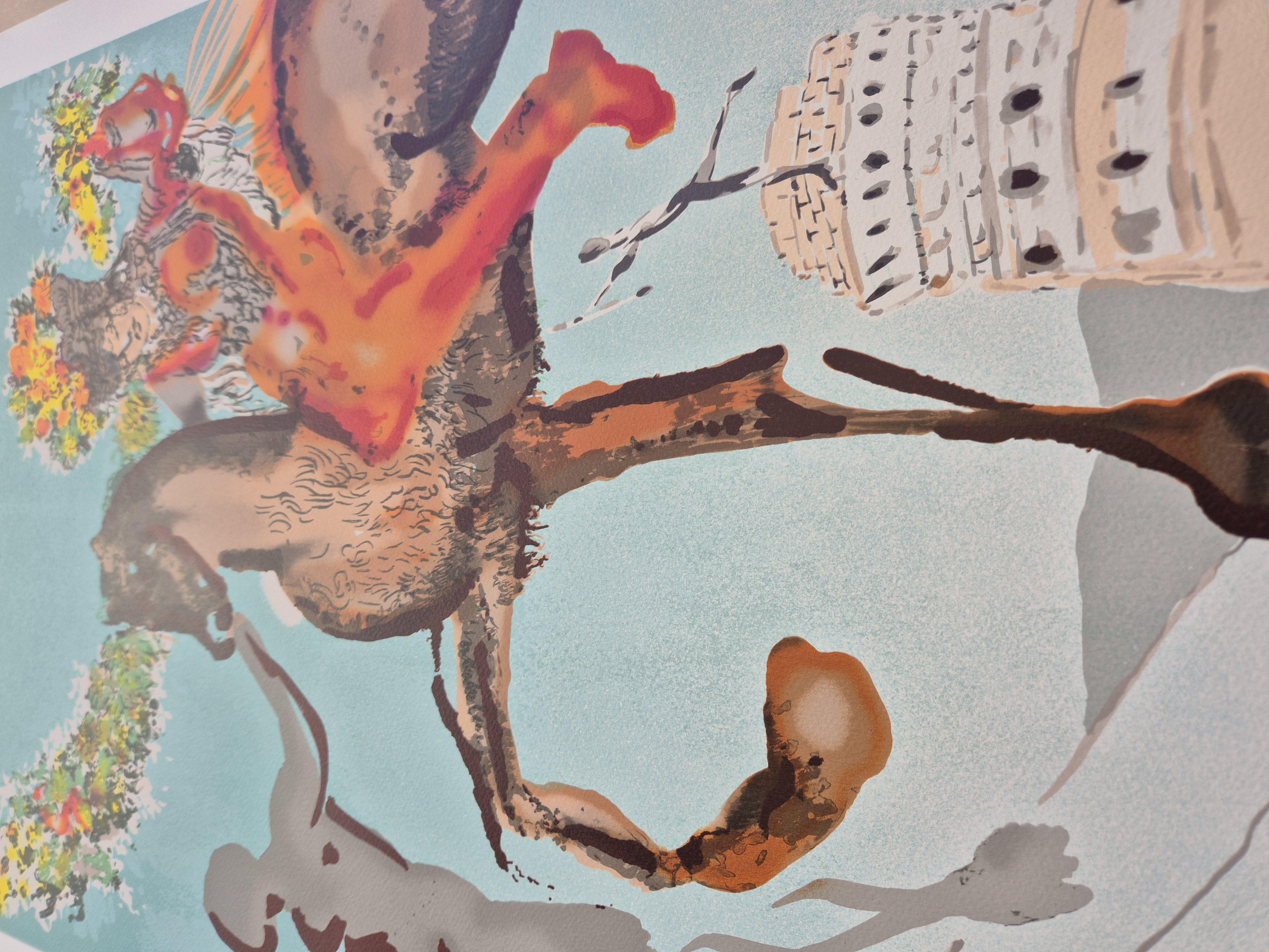 A surreal composition featuring a rearing horse, a figure in a floral headdress, and a silhouette of a nude figure against a light blue background.