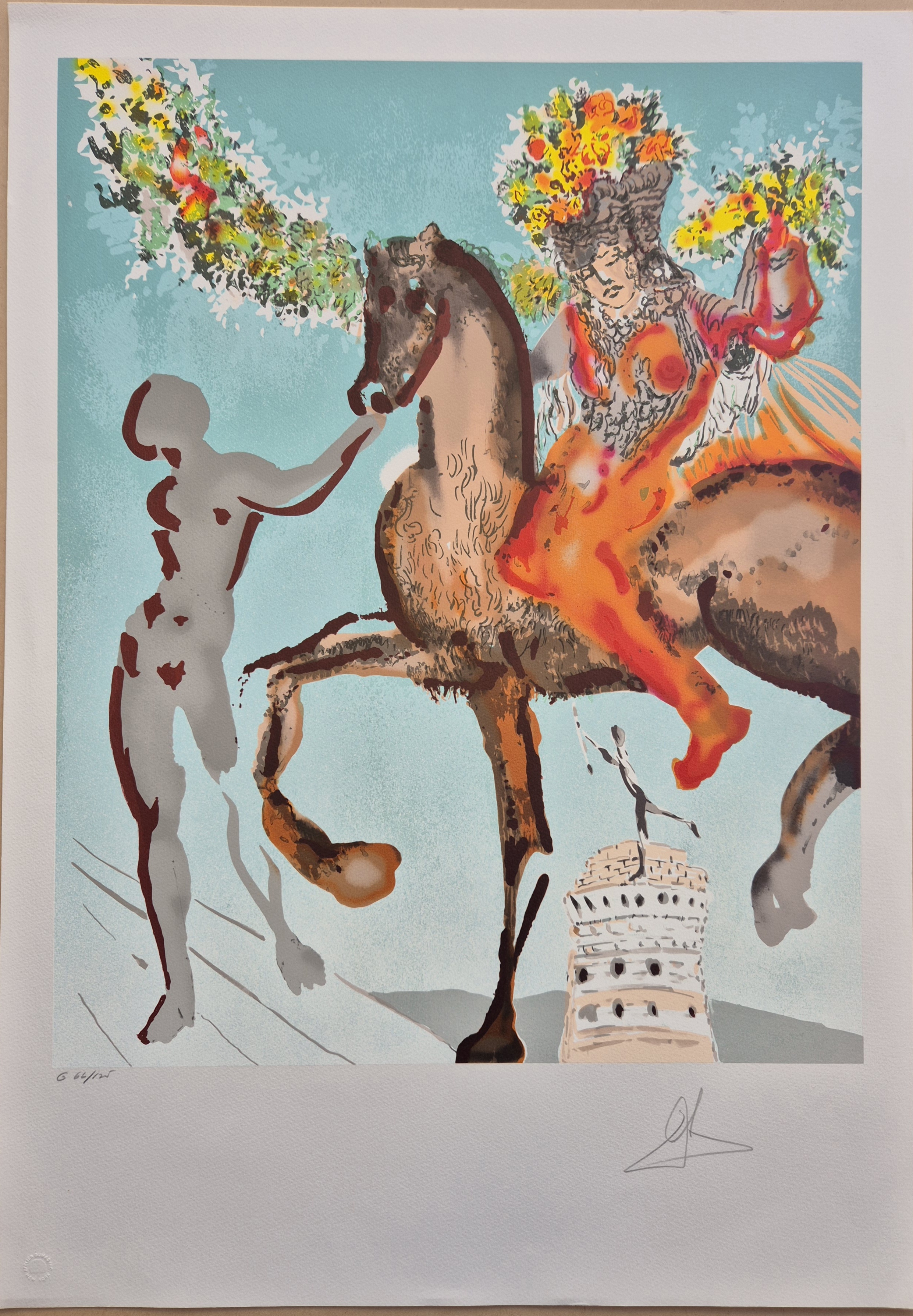 A surreal composition featuring a rearing horse, a figure in a floral headdress, and a silhouette of a nude figure against a light blue background.