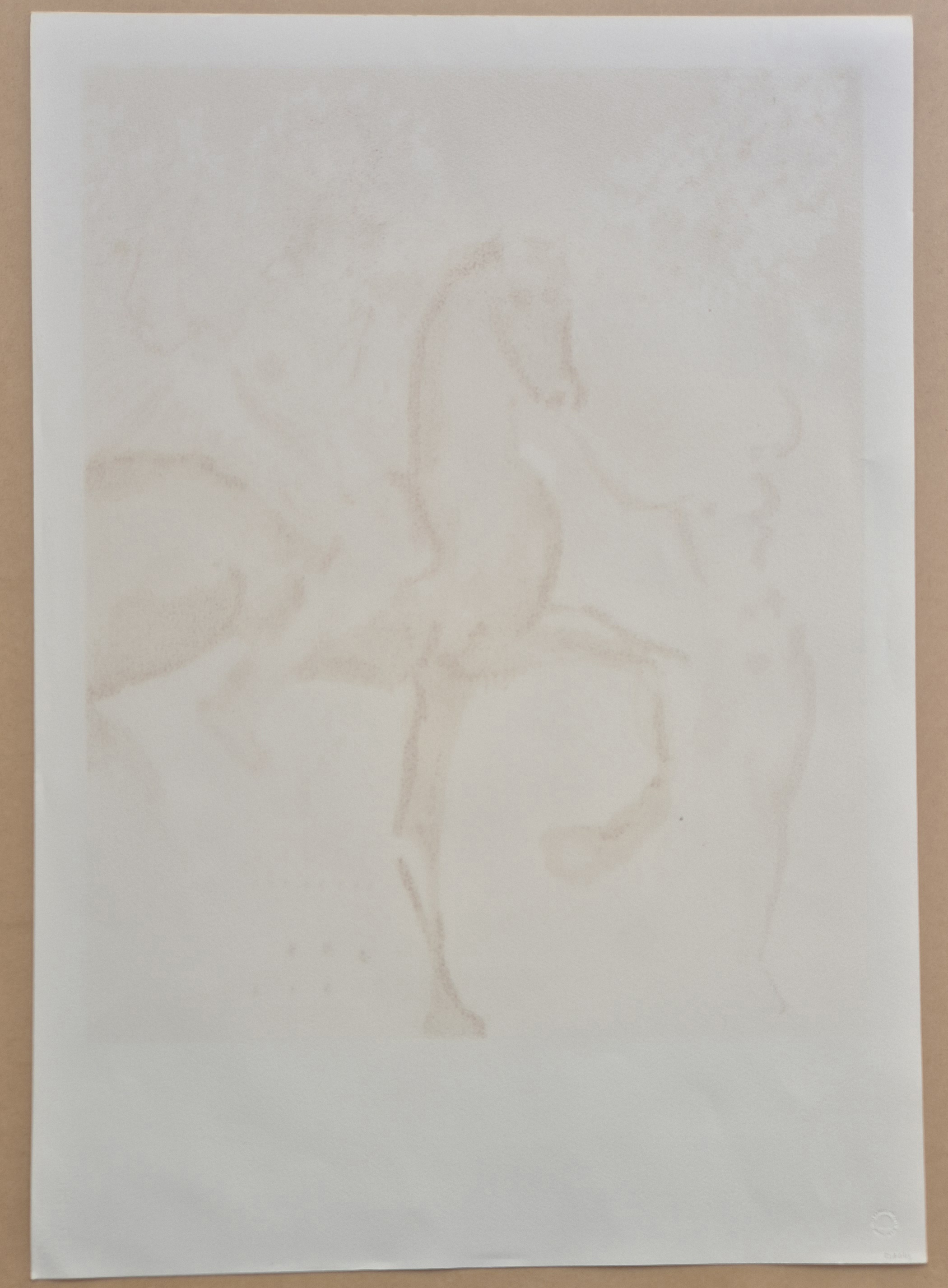 A surreal composition featuring a rearing horse, a figure in a floral headdress, and a silhouette of a nude figure against a light blue background.