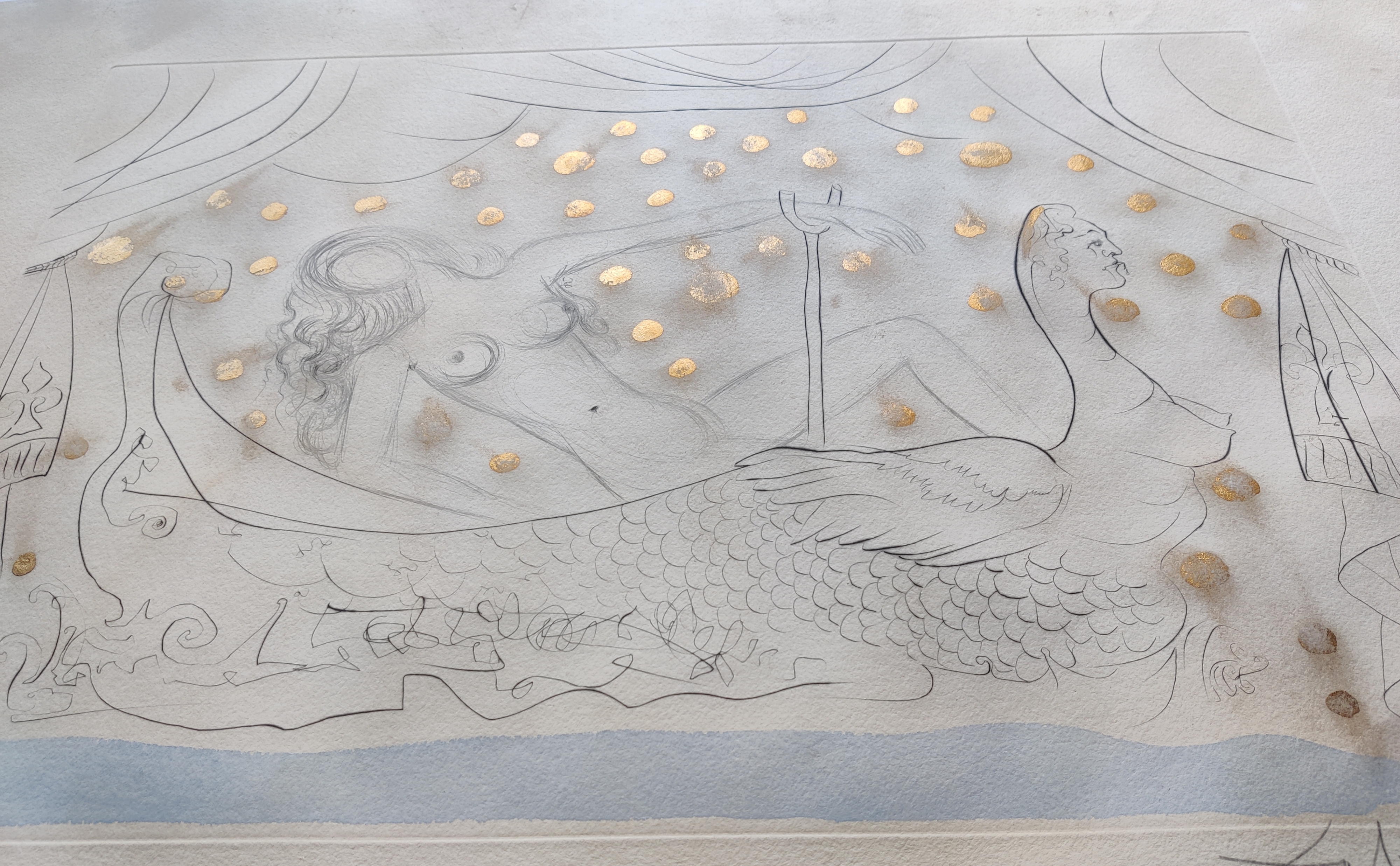 A drawing of a mermaid sitting on a boat in the water.